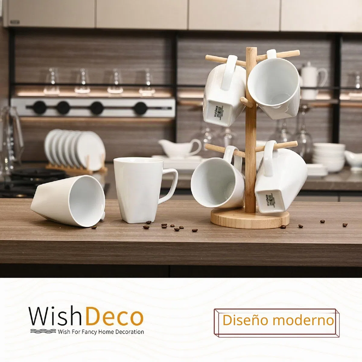 WishDeco Juego de 6 Tazas Porcelana, Tazas de Cafe Grandes 400ml, Taza Desayuno, Taza de Té Blancas, Mug Cerámica para Capuchino, Leche, Zumo