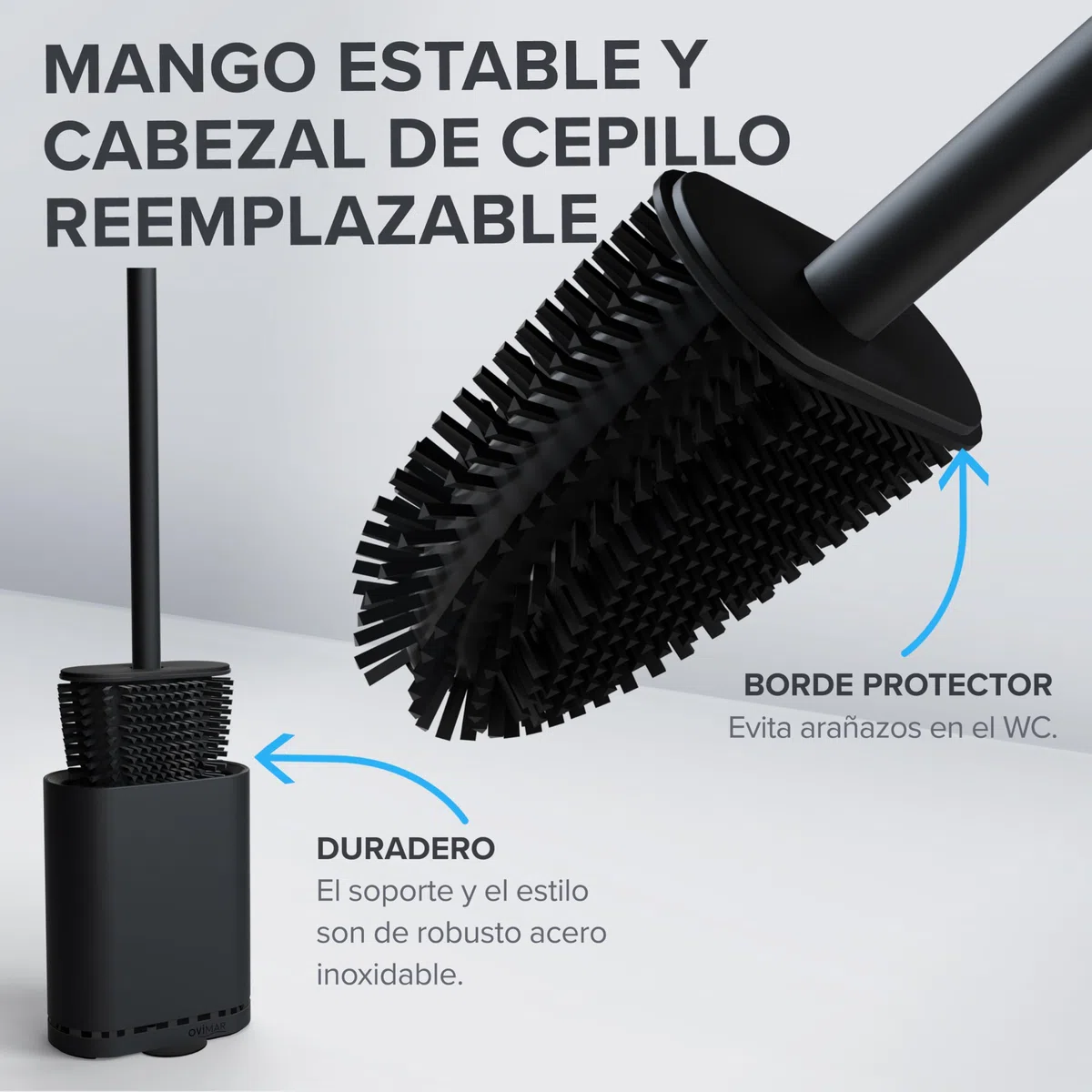 ovimar Escobillero Abeloya | Negro | Escobilla de baño de Silicona | Escobilla de baño con ventilación | Acero Inoxidable | Bandeja de Goteo extraíble | sólo 6 cm de Ancho | Montaje en Pared Opcional