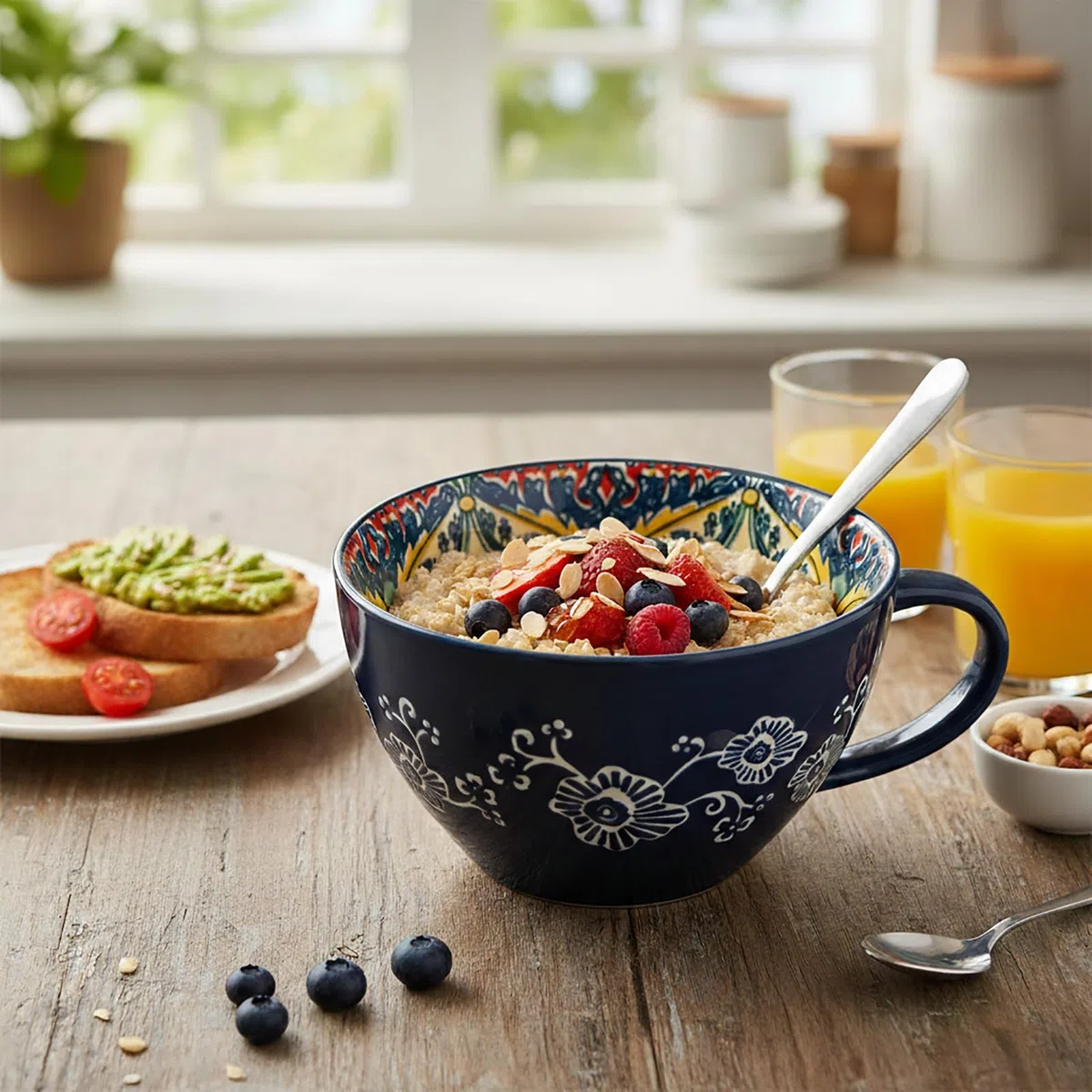 Taza de Sopa de Cerámica 400 ml con Asa, Cuenco de Sopa de Cerámica Pintado a Mano, Resistente al Horno y Microondas - Para Desayuno, Muesli, Postre, Leche, Frutas y Ensalada (GLD)