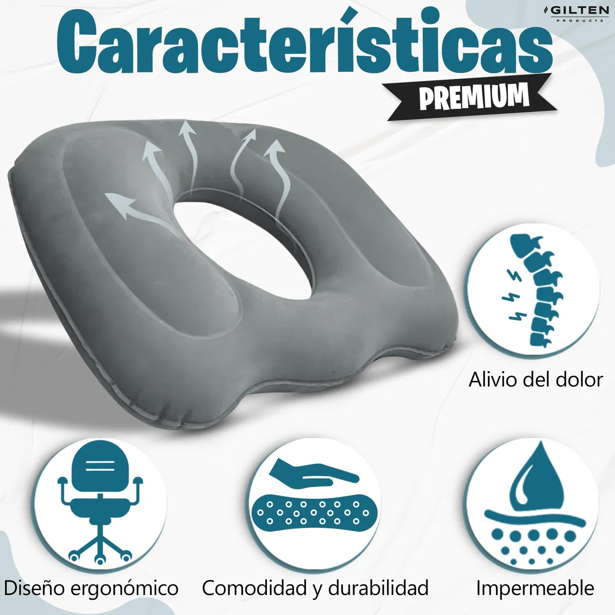 Cojín Ortopédico Inflable de PVC Flocado + Bolsa de Almacenamiento | Cojín Hemorroides para Hogar, Oficina, Sofá, Silla de Ruedas, Asiento Coche, etc.