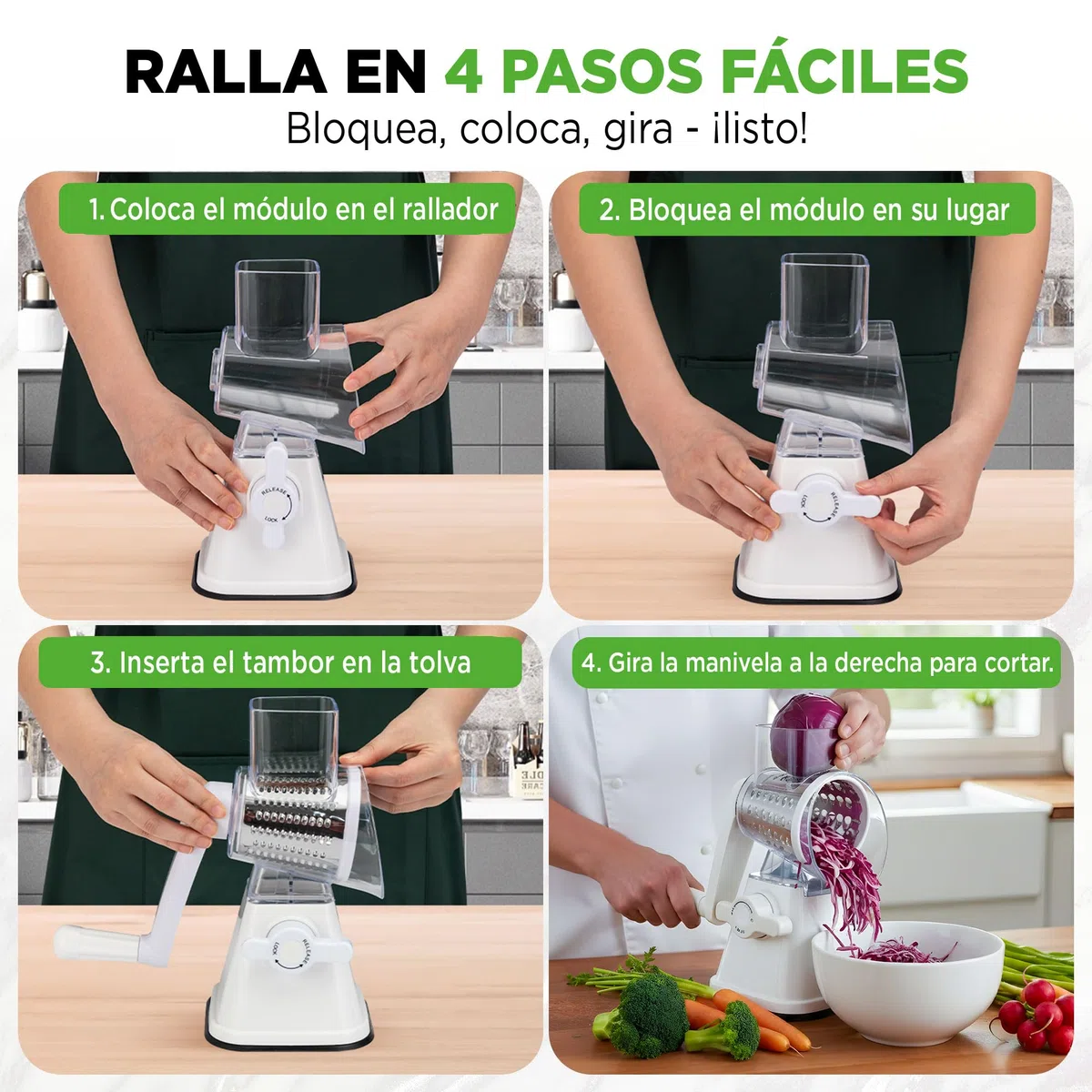 Nutrichef rallador de manivela y desmenuzador de queso 3 en 1, Base de succion fuerte, Mango giratorio con bloqueo de seguridad, Incluye tres cilindros intercambiables: fino, medio y tiras