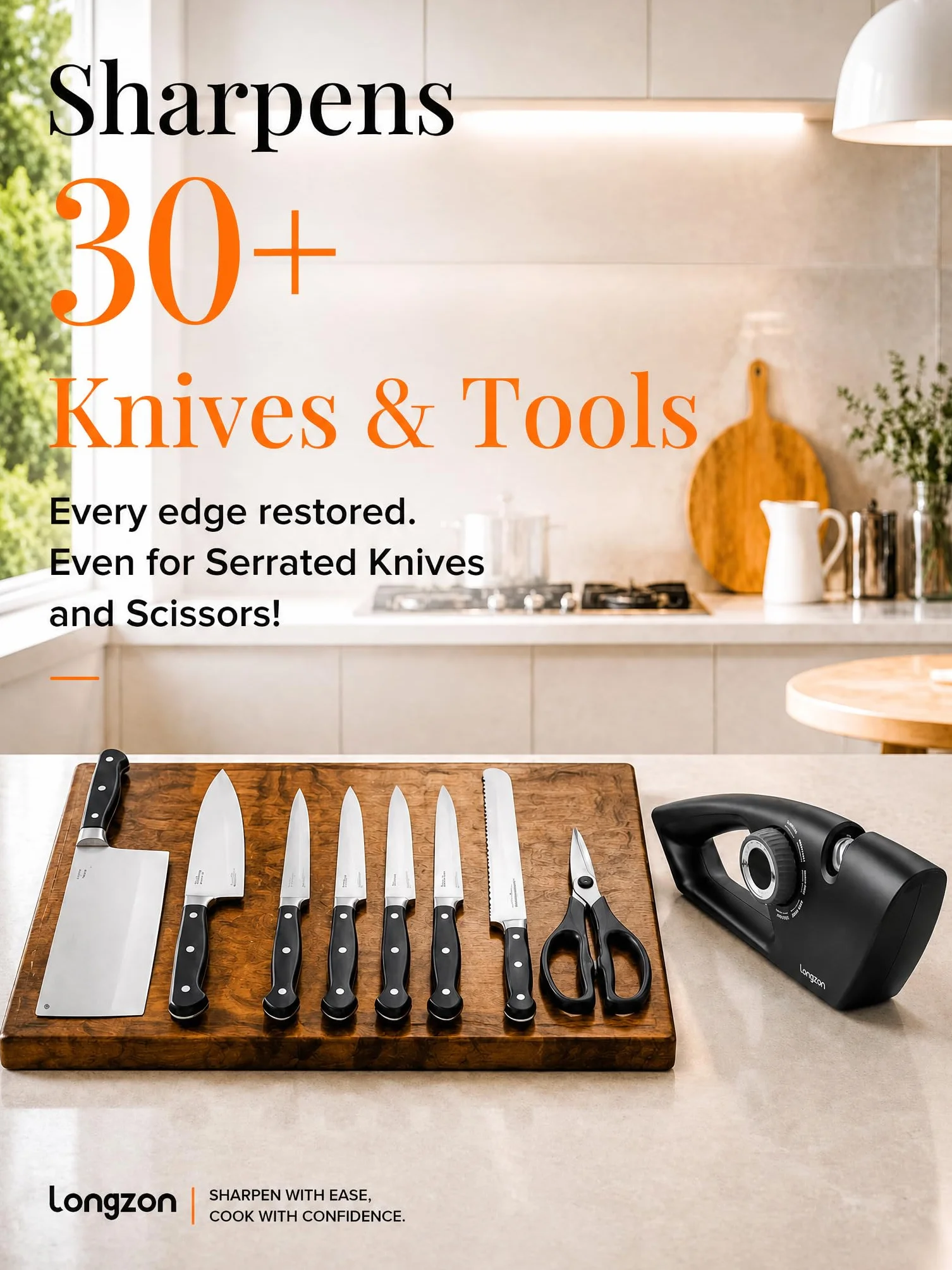 Longzon Afilador de Cuchillos Profesional 5 en 1 - Manual para Cocina, Knife Sharpener