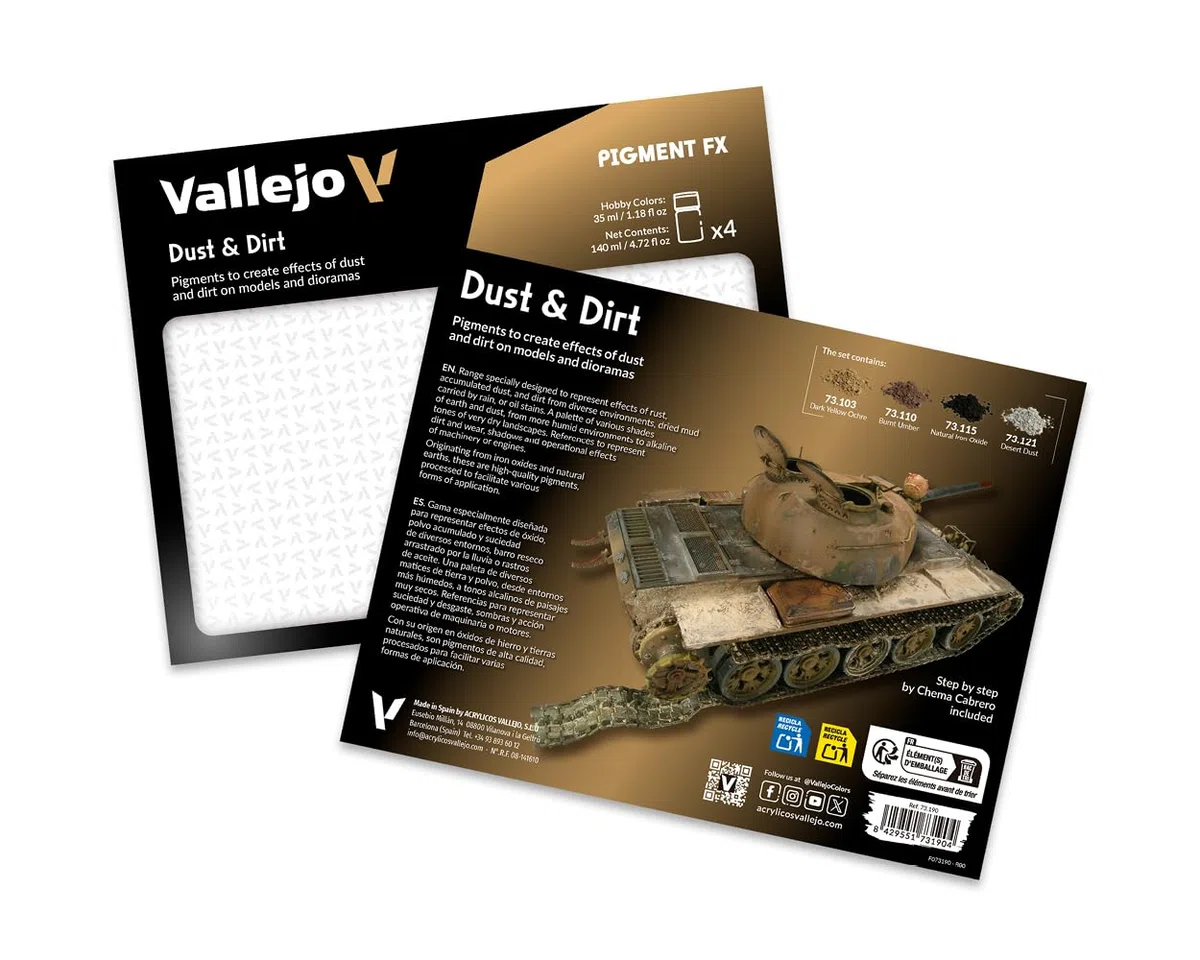 Vallejo Pigment FX Set de Pigmentos Efectos Polvo y Suciedad. Kit de 4 Pigmentos Sintéticos de 35 Ml con un Tutorial para Simular Efectos de Polvo, Suciedad y Barro en Maquetas y Dioramas