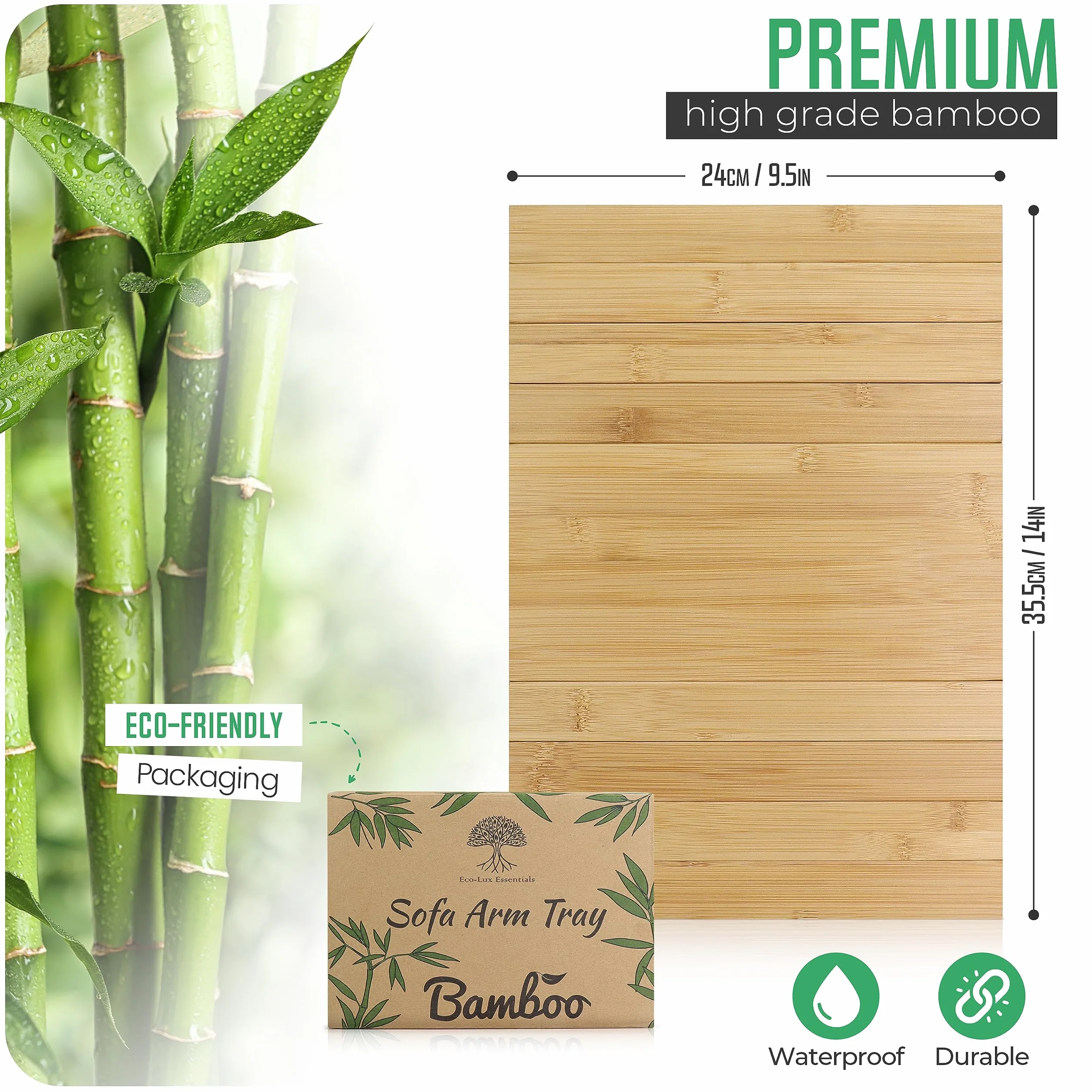 Bandeja de sofá plegable de bambú, organizador de reposabrazos de madera para bebidas, tazones, bocadillos, revistas, control remoto, protector de sofá, soporte para tableta portátil, 36 x 25 x 1 cm