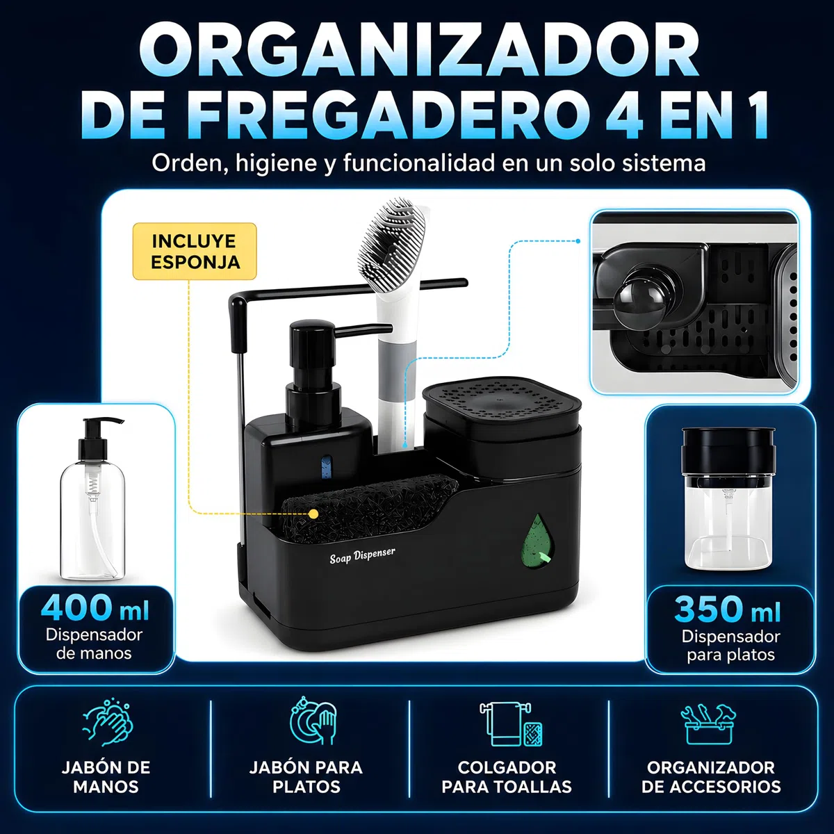 Dispensador Jabon Cocina - Dosificador Jabon Cocina - Jabonera Cocina - Organizador Cocina - Organizador Fregadero Cocina - Soporte Estropajo Fregadero (Negro)
