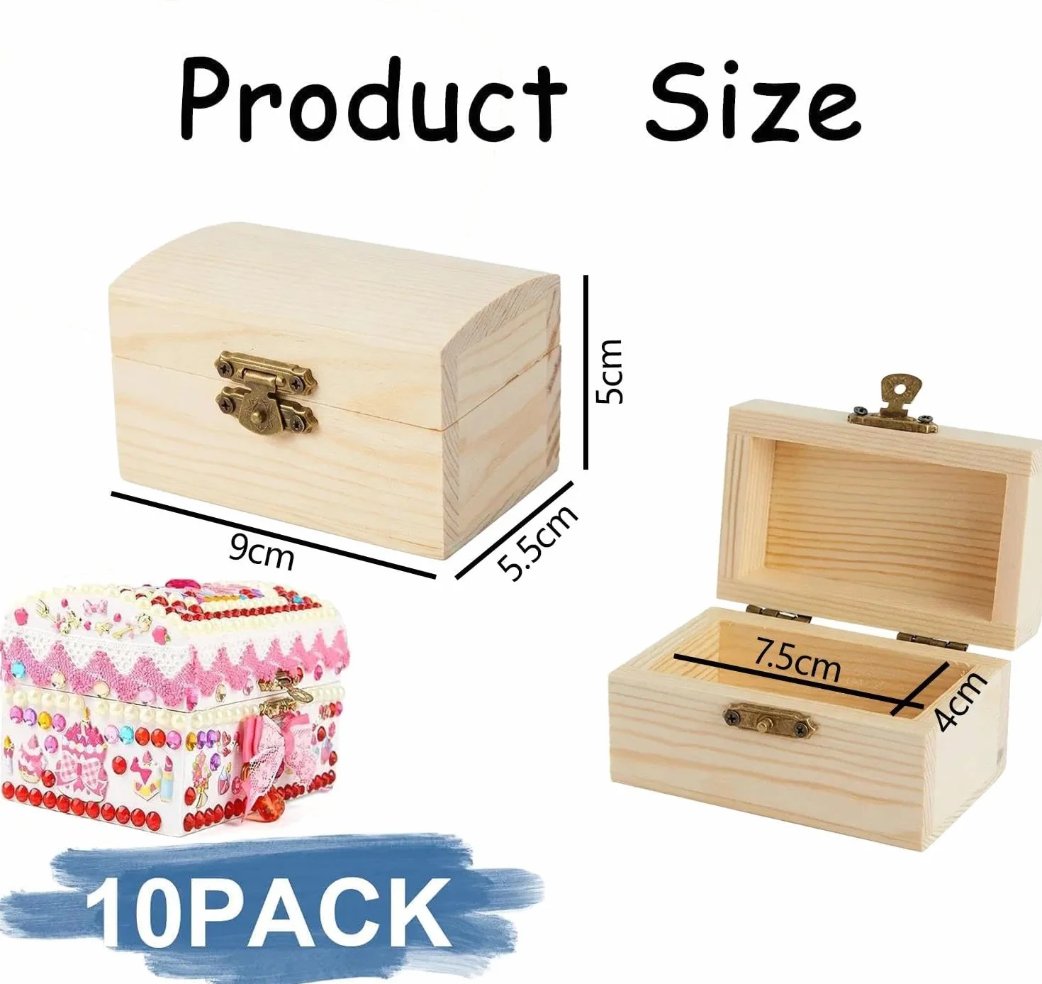 Caja de madera pequeña, cofre del tesoro de madera, mini cofre del tesoro, cofre rectangular, kit de manualidades, adecuado para decorar y guardar, 10 piezas