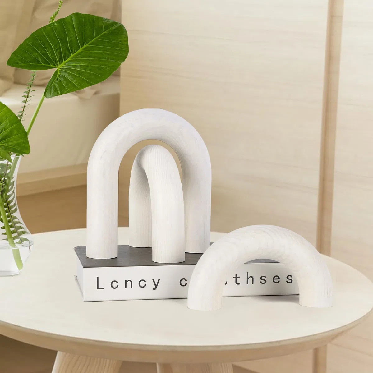 3 piezas de madera para decoración de mesa de café, decoración de arco bohemio de granja, dormitorio, oficina, escritorio, sala de estar, estantería moderna para el hogar (blanco)