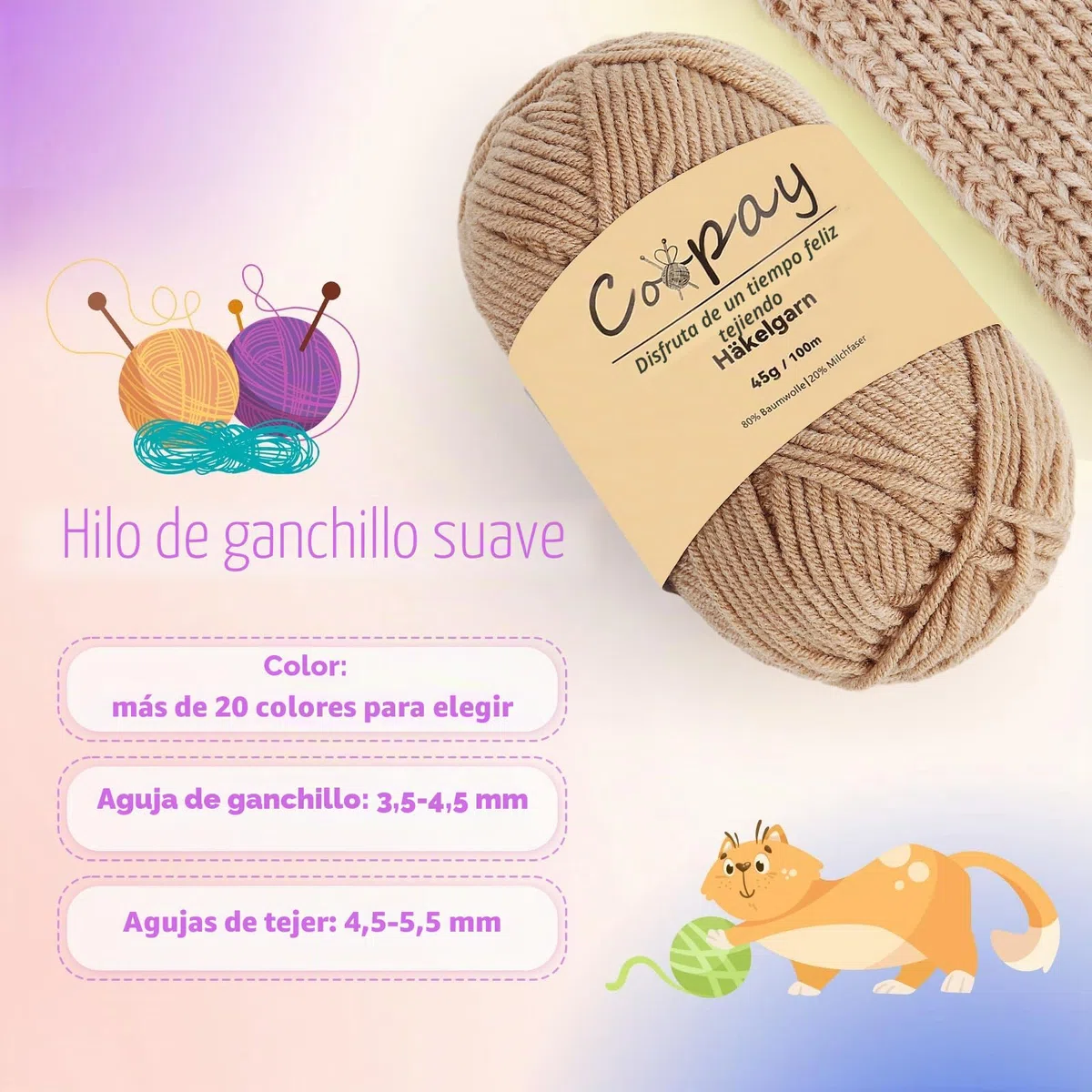 Coopay Lana para ganchillo, 225 g (5 x 45 g), 5 ovillos de lana para tejer, lana de bebé para principiantes, hilo de ganchillo súper suave para proyectos de ganchillo y punto, color blanco