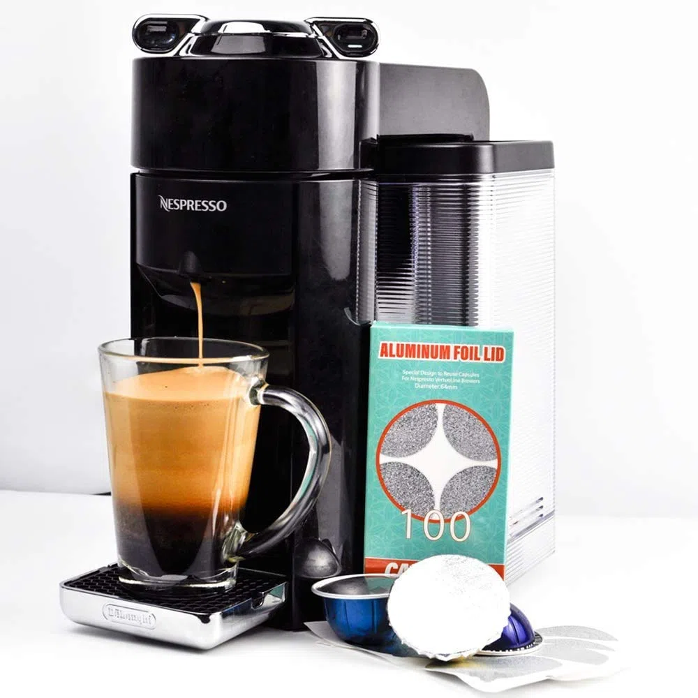 Tapas de papel de aluminio CAPMESSO para reutilizar las cápsulas de café Vertuoline, compatibles con la máquina Nespresso VertuoLine de 64 mm (100 / paquete) (200)
