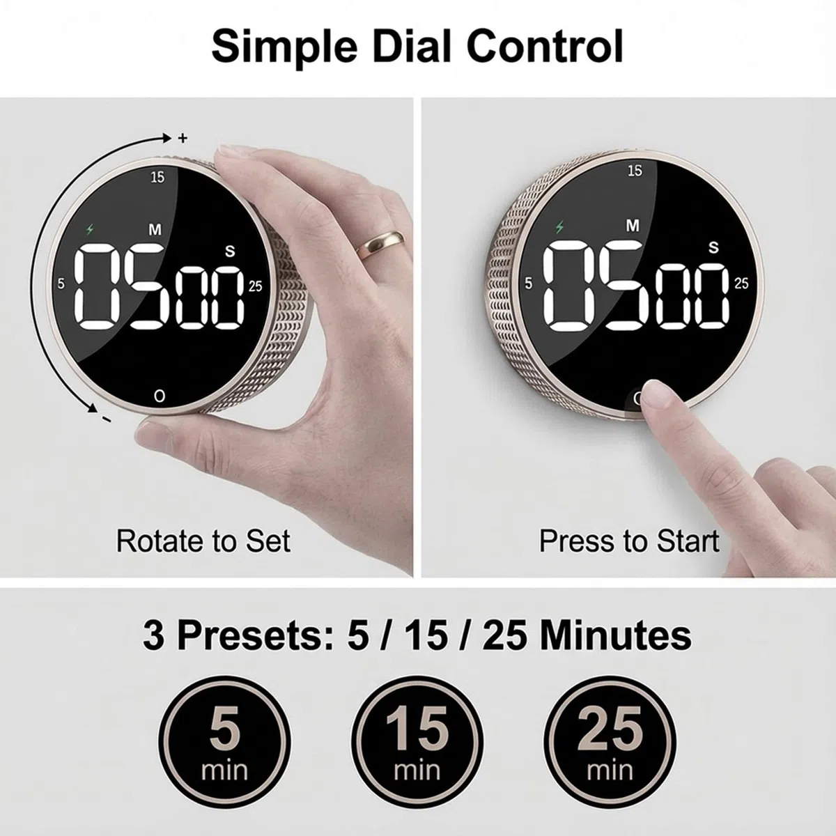 Temporizador de cocina digital magnético recargable con pantalla LED grande, alarma fuerte, 3 ajustes preestablecidos (5/15/25 min), 3 niveles de volumen, ideal para cocina, fitness y oficina (Marrón)