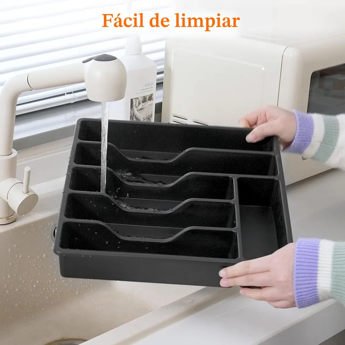 Lifewit Organizador cubiertos para cajon con tapa, Caja de cubiertos para cajón de cocina, Organizador de cajón de plástico para cuchillos, tenedores, cucharas, Bandeja con 6 compartimentos, Negro