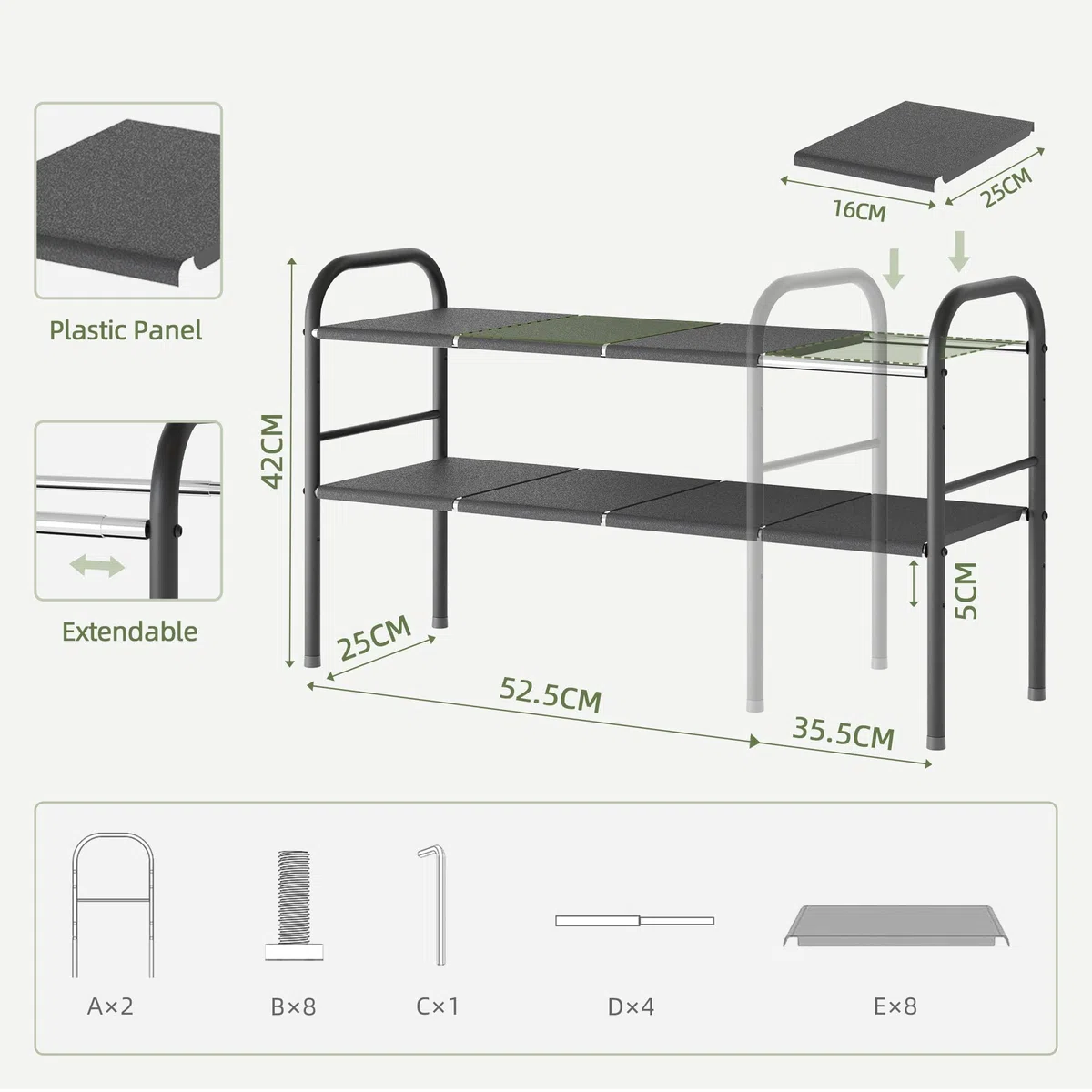 NETEL Organizador de armario inferior, estantería de cocina ajustable con 8 placas móviles, ancho extensible (52,5 – 82 cm)