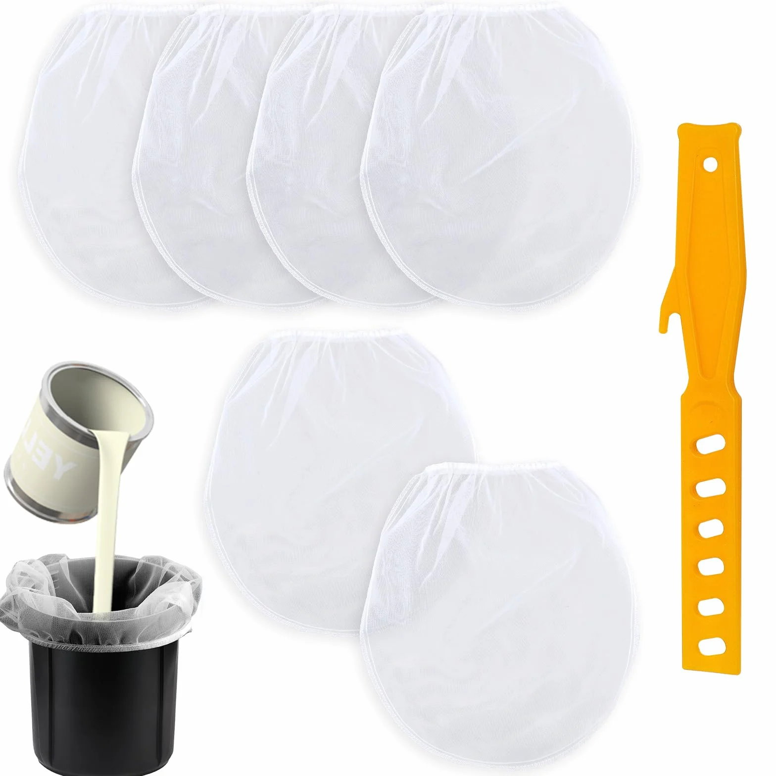 6uds Colador de Pintura 1 Galón, Color Blanco Colador de Cubo de Pintura con Espátula de Plástico Bolsa de Filtro de Malla Fina para Pintura y Líquido para Jardinería con Pintura