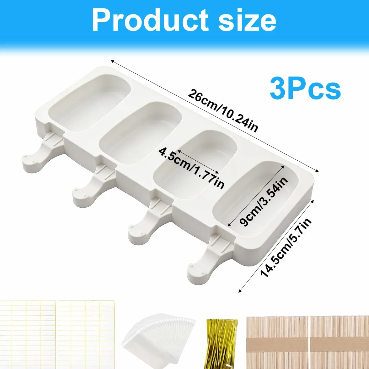 3 Juegos Moldes para palitos de helado, 4 cavidades de molde, Molde Helado Silicona sin BPA, Moldes Paletas, con 100 palitos, 100 bolsas OPP, 100 bridas para cables, 100 pegatinas