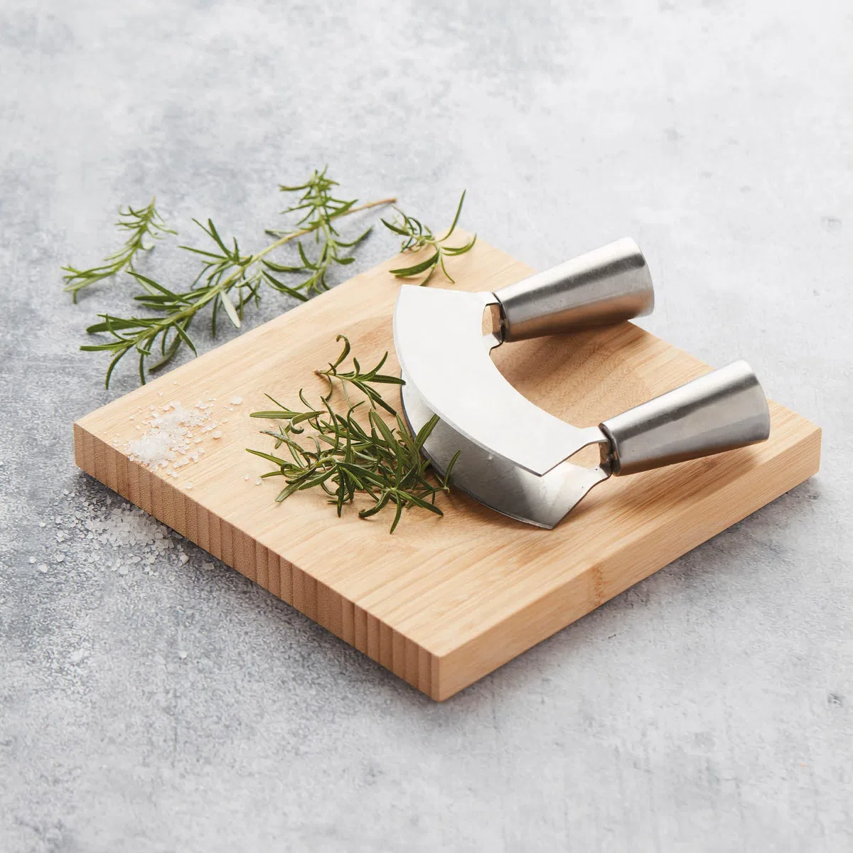 Point-Virgule Cuchillo Cocina para Picar Hierbas con Tabla Cortar de bambú, Cuchillo Media Luna, Cortador Hierba
