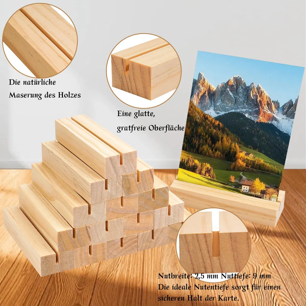20 soportes para tarjetas de madera con ranura recta y adhesivo nano sin puntos, soporte para tarjetas de mesa, soporte para tarjetas de menú, soporte para tarjetas postales de madera de pino