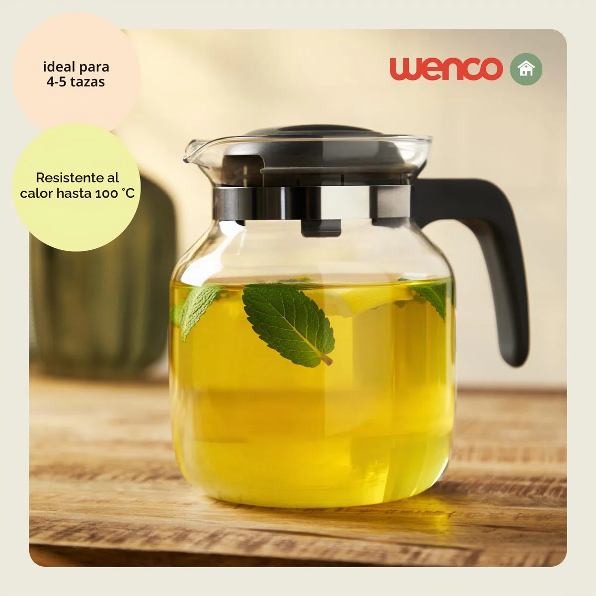 wenco Jarra de cristal de 1,25 l, ideal para té, café y bebidas frías, resistente al calor, con tapa y boquilla de apertura, apta para lavavajillas e irrompible, transparente/gris