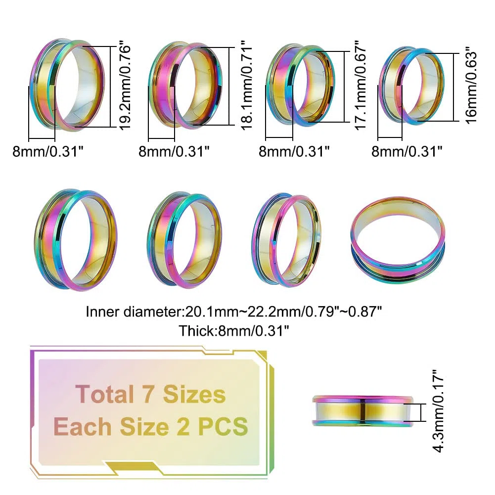 UNICRAFTALE 14 anillo de Núcleo En Blanco Arcoíris Tamaño 5-13 anillo Ranurado de Acero Inoxidable con Bolsas de Terciopelo Anillo Redondo Vacío para Anillos de Incrustaciones de Bandas de Boda