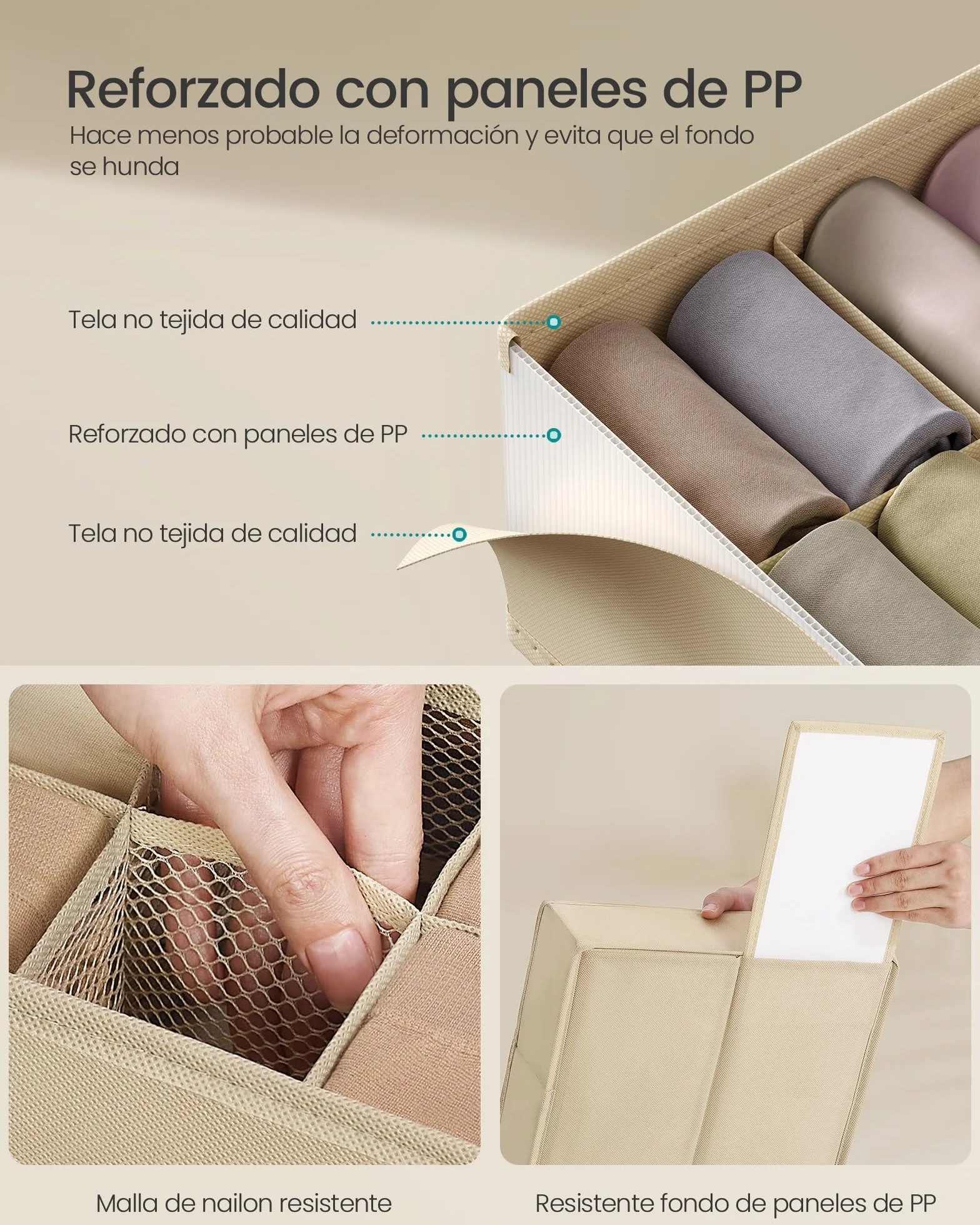 SONGMICS Juego de 4 Organizadores de Cajones, 80 Compartimentos, Cajas Plegables, 30x30x10 cm, Beige Arena