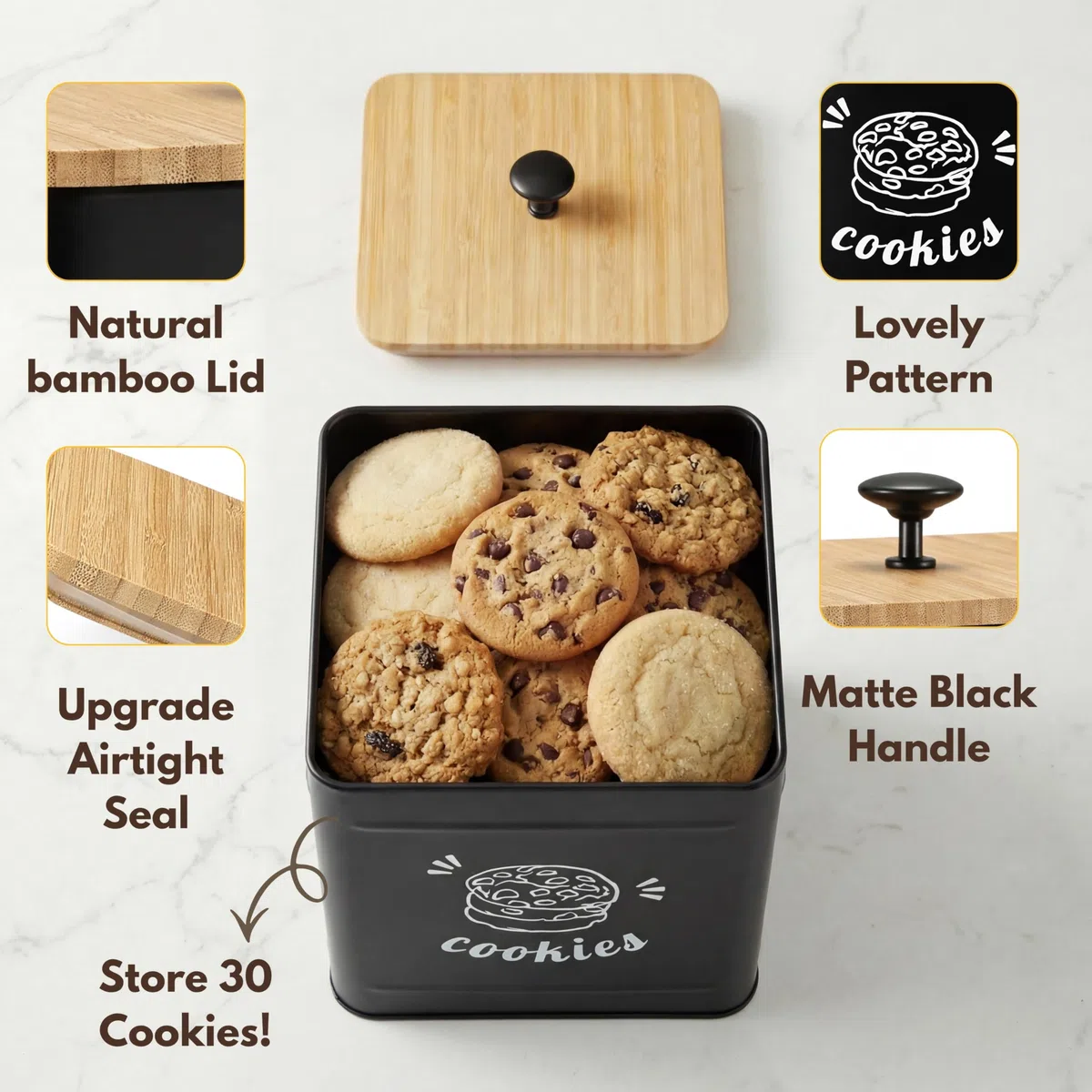 PERFNIQUE Tarro de galletas con tapa hermético, de 3,5 L, con tapa de bambú, bonito contenedor de almacenamiento de alimentos para dulces, galletas, postres