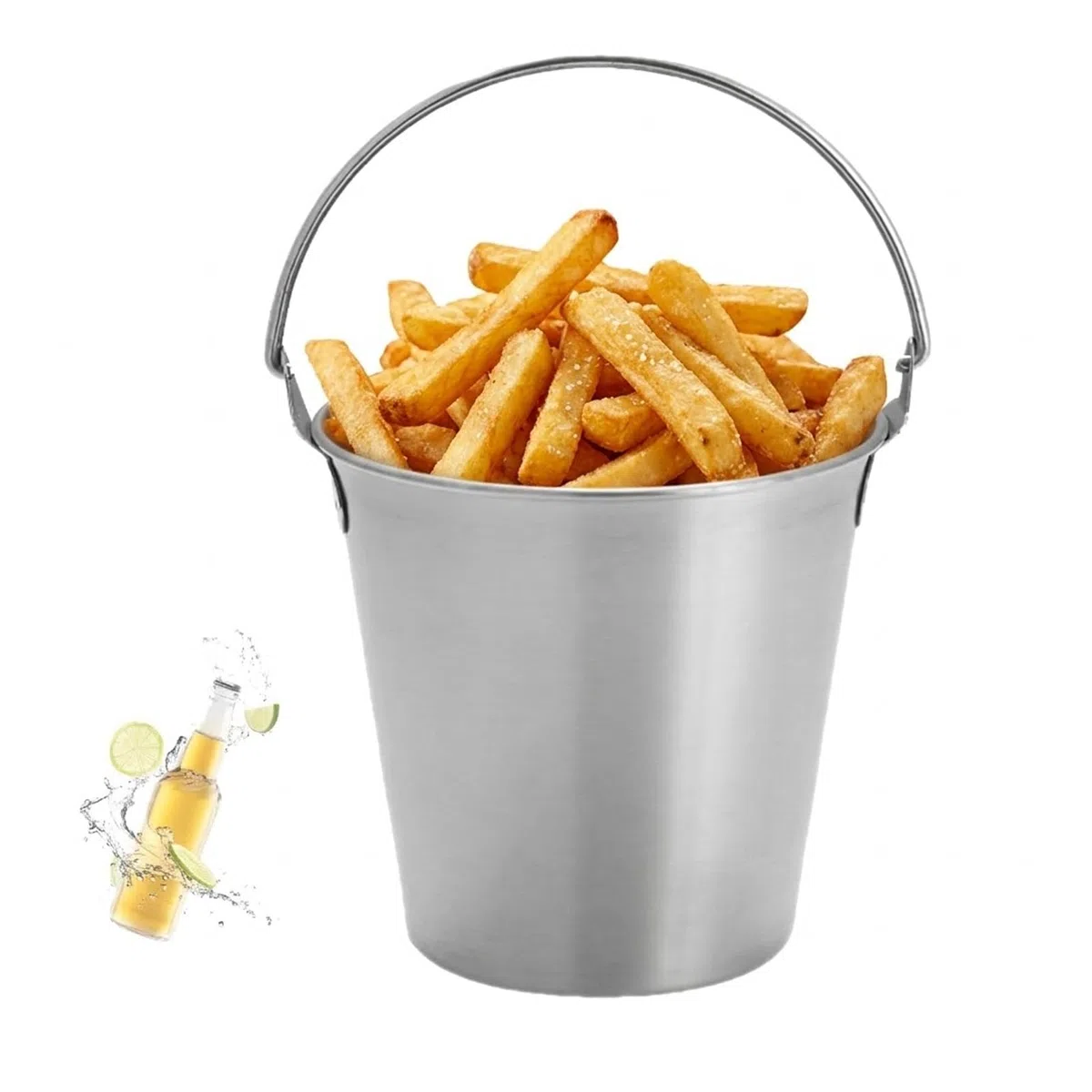 Cubitera pequeña de acero inoxidable con asa para bebidas, vino, papas fritas, alas de pollo, bares, fiestas, uso para fiestas, bares, hogar, 2 L (plateado)