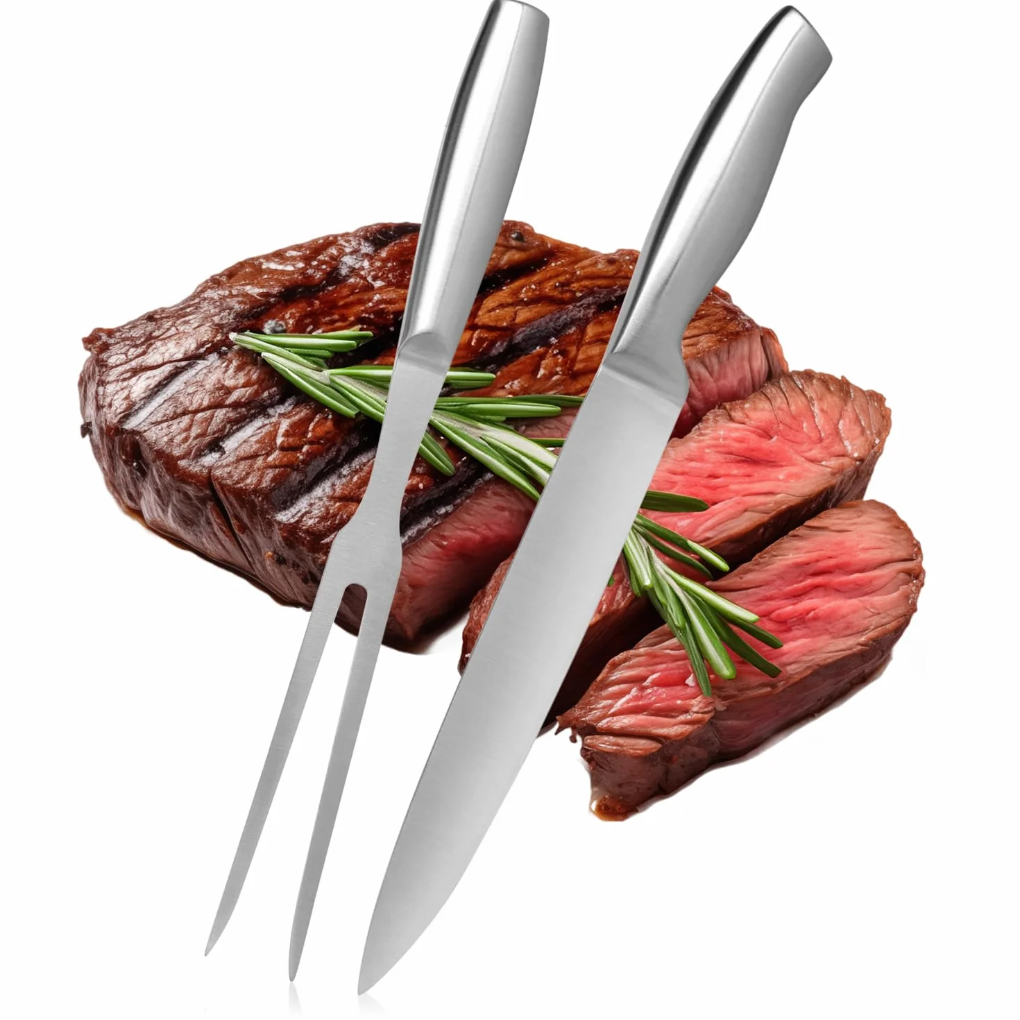 Juego de trinchar de 2 piezas - Utensilios para barbacoa de acero inoxidable - Cuchillo para carne y tenedor para carne - Tenedor para asar - Accesorios de cocina