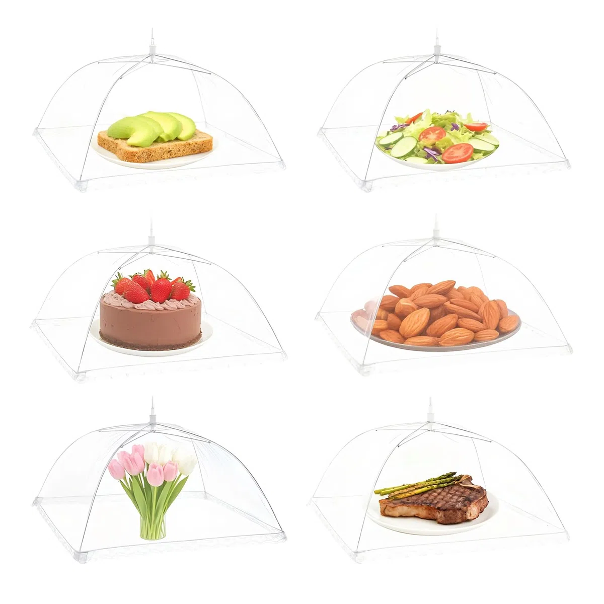 Juego de 6 cubiertas para moscas plegables para alimentos, reutilizables, antimoscas para cocina, pícnic y jardín, red de frutas, para proteger frutas y pasteles, 32 x 32 cm