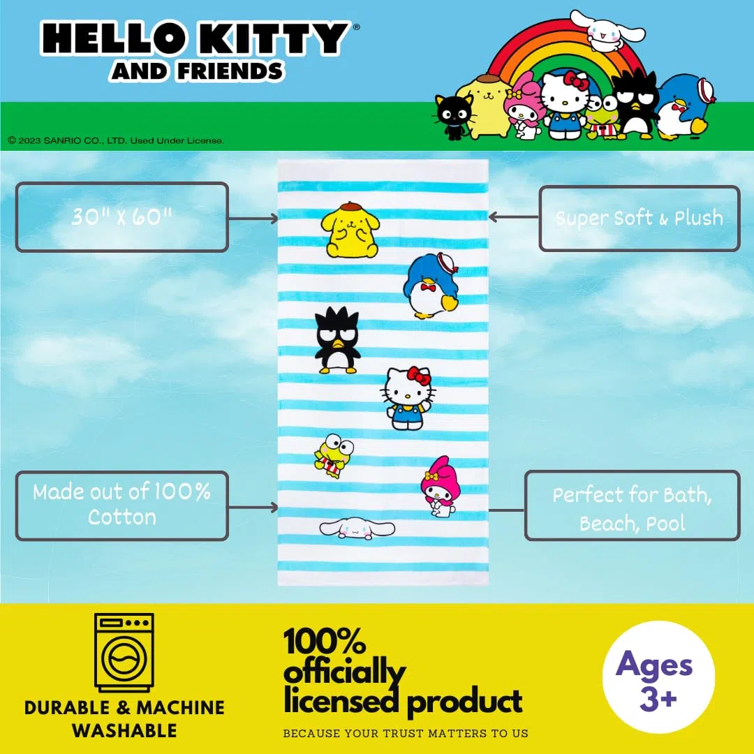 Franco Collectibles Sanrio Hello Kitty & Friends - Toalla de baño de algodón súper Suave, 60 x 30 Pulgadas (Producto Oficial)