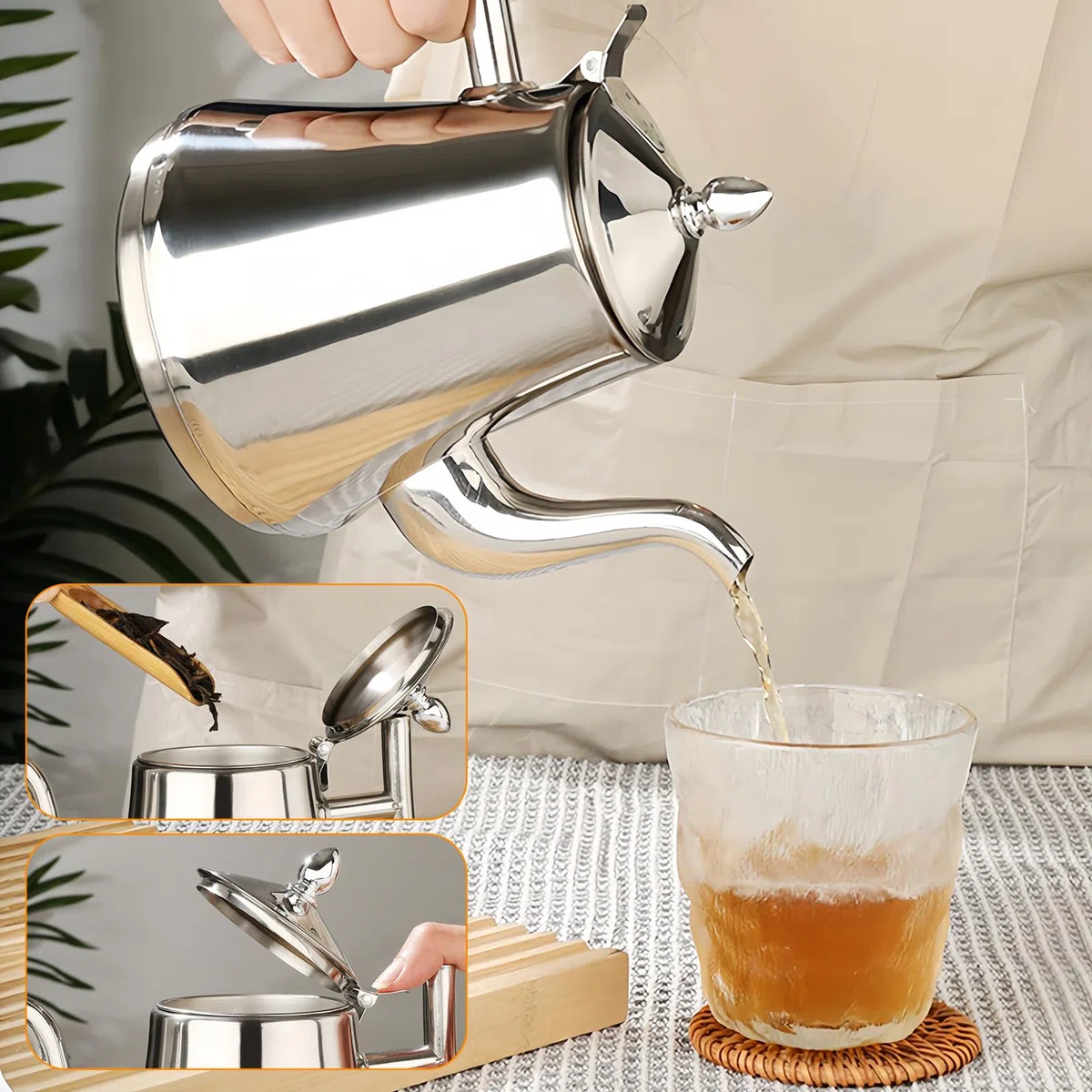 Tetera con colador, tetera de acero inoxidable con colador, jarra de doble pared con tapa, tetera de té, tetera para cocina de inducción, estufa de cerámica eléctrica de gas, 1 L