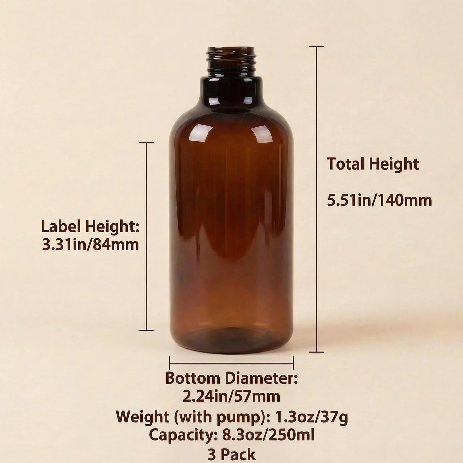 Dispensador de botellas de plástico ámbar vacío de 250 ml, a prueba de fugas, champú, gel de ducha, artículos de tocador, contenedor de líquido con bomba, 3 unidades