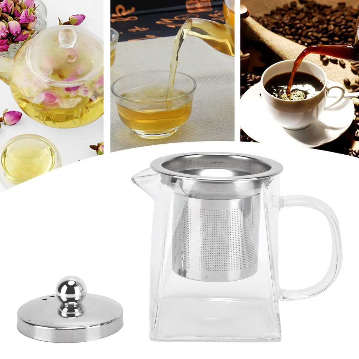 Tetera de Cristal, 350ml Tetera con Infusor de Té Suelto de Acero Inoxidable Extraíble, Tetera de Vidrio Transparente para Bebidas Frías y Calientes, Té de Frutas, Bolsitas de Té Perfumadas