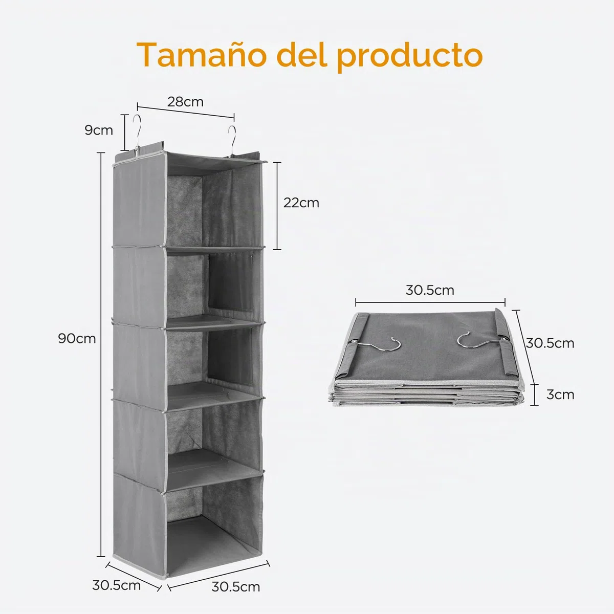 Cozary Organizador Armario Colgante 5 Compartimentos, Organizador taquilla Vestuario Plegable, Colgante con 2 Bolsillos Laterales - Gris