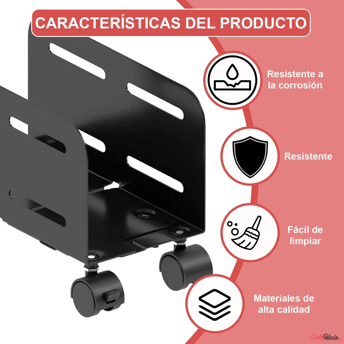 CABLEPELADO - Soporte para CPU de Suelo con 4 Ruedas (2 con Freno) | Carrito Ajustable para Torre PC (119-209mm) | Carga Máx. 10kg | Negro