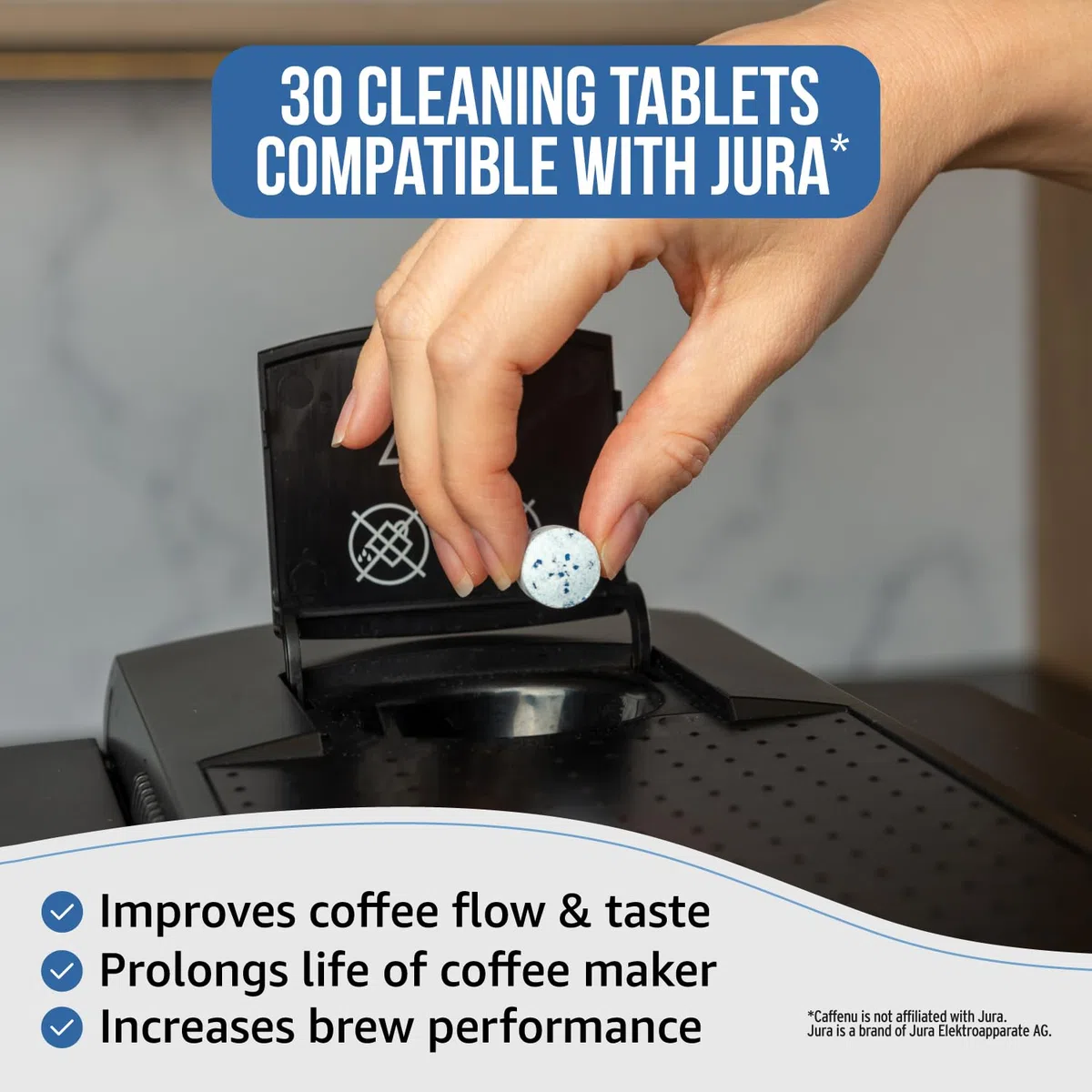 Caffenu Tabletas de limpieza compatibles con Jura. 30 tabletas de limpieza. Pastillas de limpieza de café: limpia partes internas, portafiltro, áreas inaccesibles. Uso en todas las máquinas de café