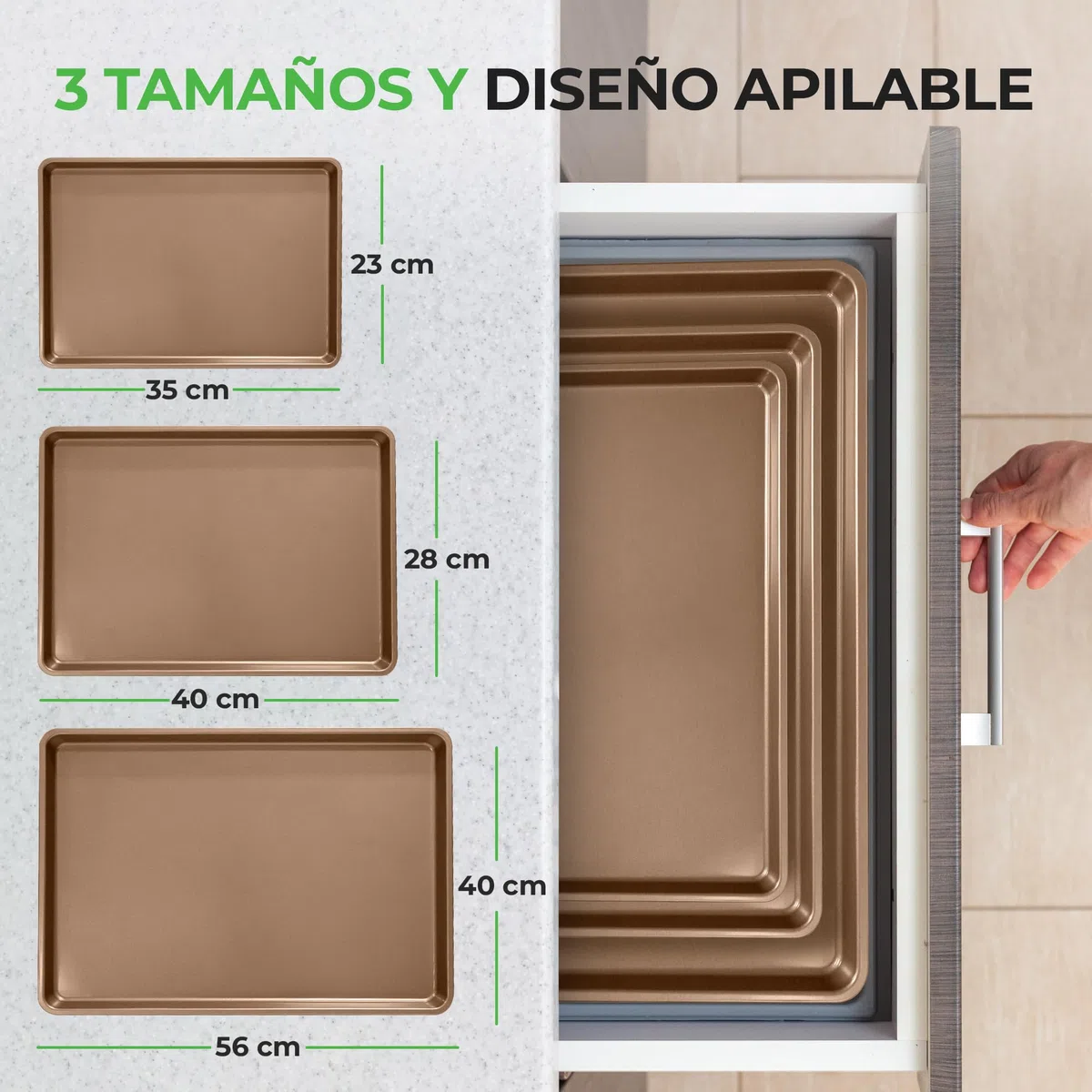 NutriChef juego de 3 bandejas horno, Para hornear, Servir, Apilables, Rectangulares, Antiadherentes, Sin PFOA, PFOS, PTFE. Dorado