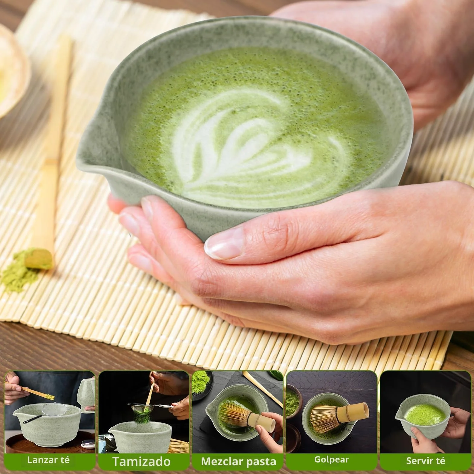 Matcha Kit - Té Matcha Kit de 4 Piezas, Batidor Té Matcha, Cuenco Té Matcha, Soporte Chasen y Cuchara Matcha - Kit Matcha para la Ceremonia del Té - Ideal para el Hogar, la Oficina y Como Regalo