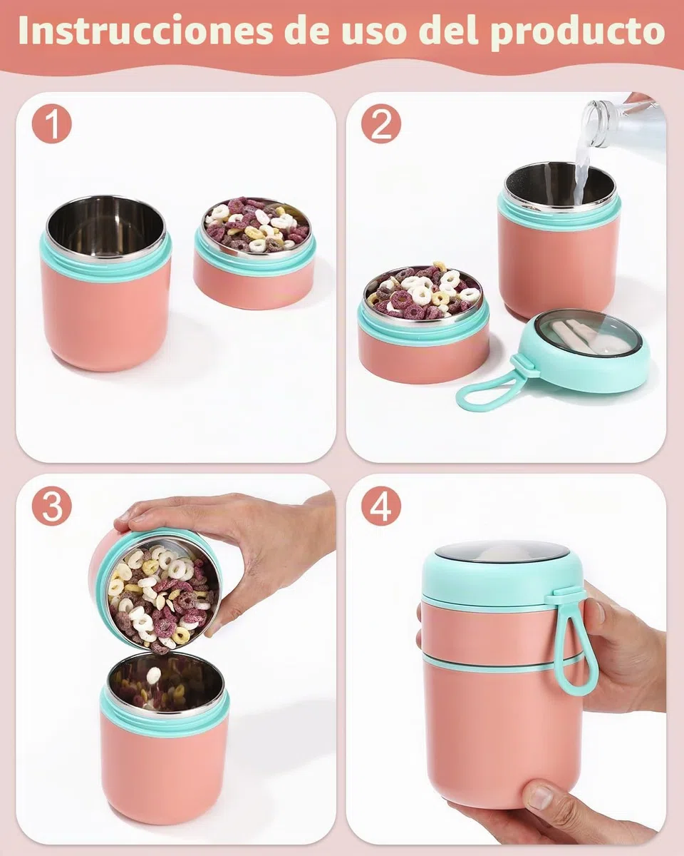 710ML Taza de Cereales y Yogurt para Llevar de Doble Capa con Cuchara,Termo para Comida de acero inoxidable,de yogur a prueba de derrames,para la escuela, oficina, viajes,Rosa green