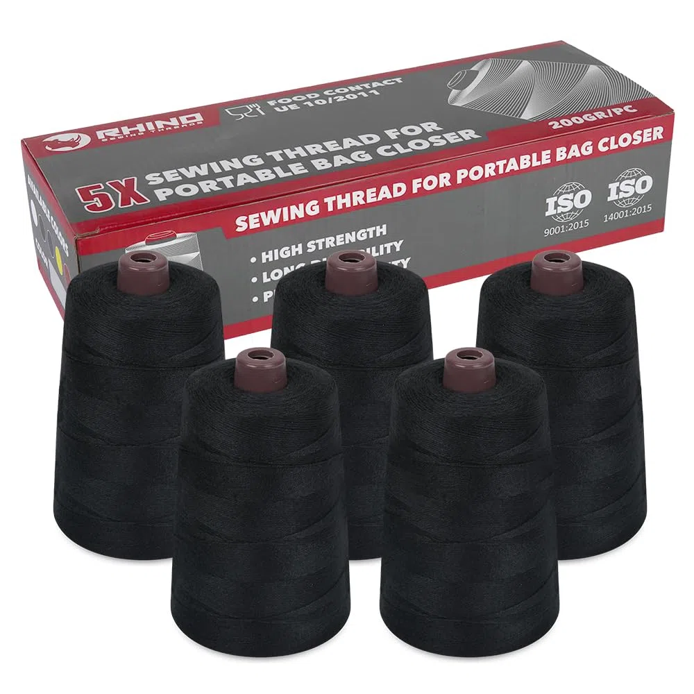 RHINO Pack de 5 Bobinas de Hilo para Máquinas de Coser Sacos | Conos de Poliéster 12/4 200g para Cerradoras de Costales de Alta Resistencia | Aptos para el Contacto Alimentario (Negro)