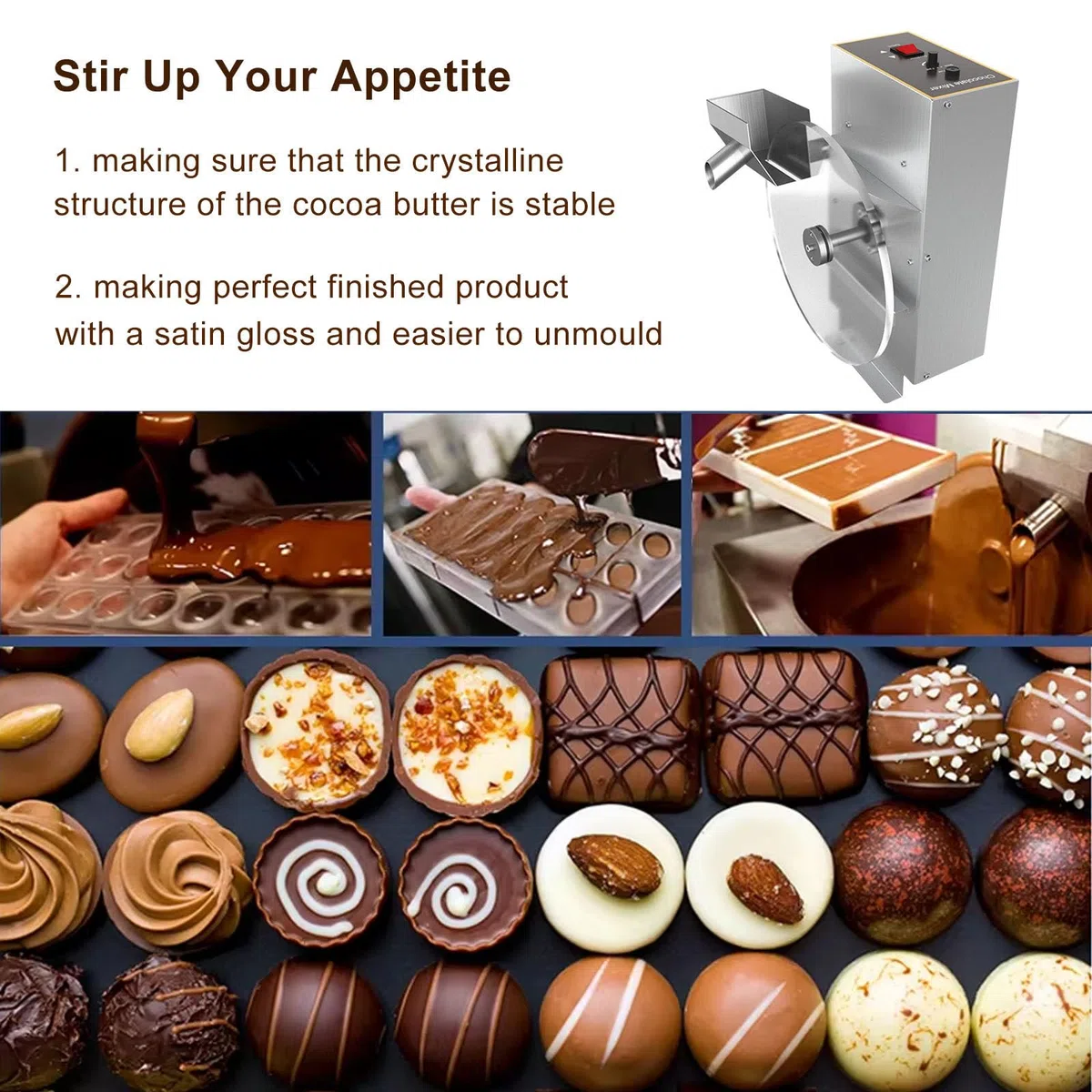 Máquina de templado de rueda de chocolate, Máquina mezcladora de fusión eléctrica comercial, Calentador de alimentos de acero inoxidable, Máquina dosificadora de chocolate caliente ( 220V)