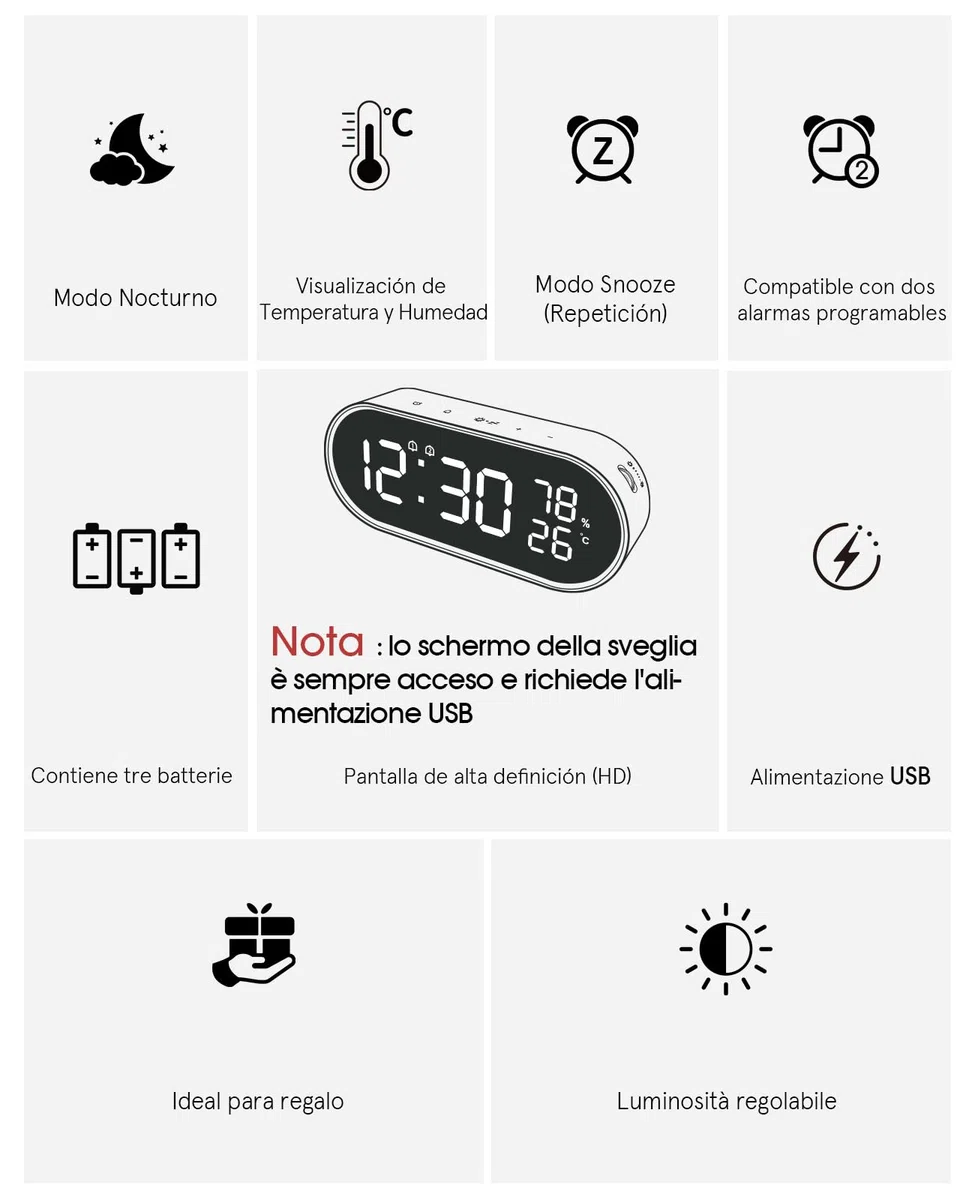 Reloj Despertador Digital, Reloj con Gran Pantalla LED Táctil, 2 Alarmas 12/24H, Función Snooze/Brillo Ajustable, Seguimiento de Humedad y Temperatura para Mañana y Noche, Pilas o Puerto USB