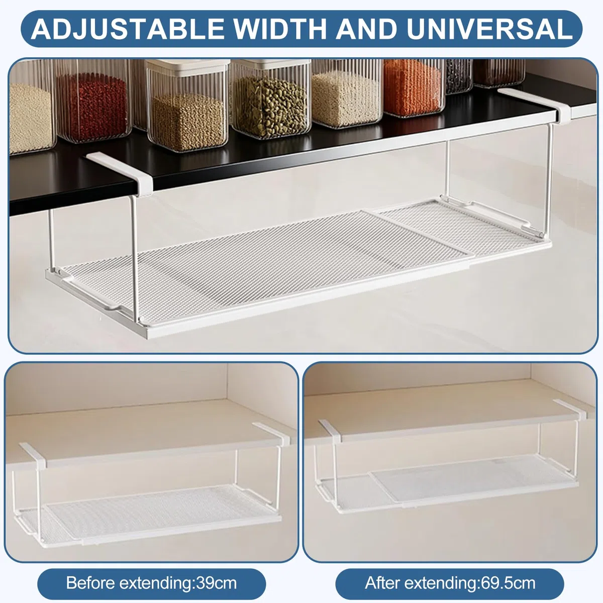 Cesta Colgante Extensible | Organizador Armario Cocina | Cesta Colgante de Metal para Estante Inferior Ajustable de 38-70 cm para Armarios de Cocina, Despensa, Zapateros y Armarios (Blanco)