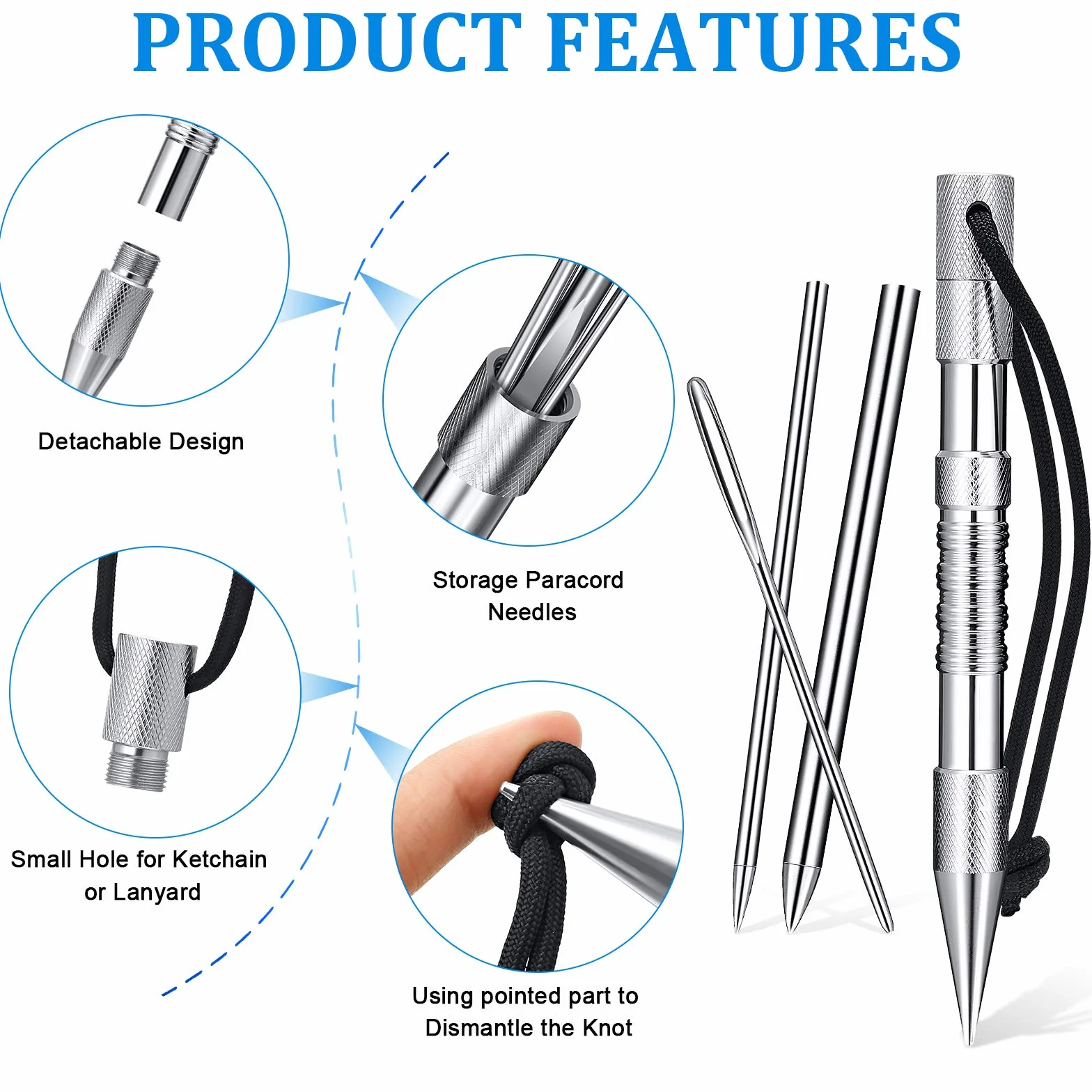 Ferraycle Herramientas de Anudar, Juego de Paracord FID Agujas de Cordón de Paracord de Acero inoxidable y Herramienta de Suavizado para Trabajo de Cuero de Paracord (Plata)