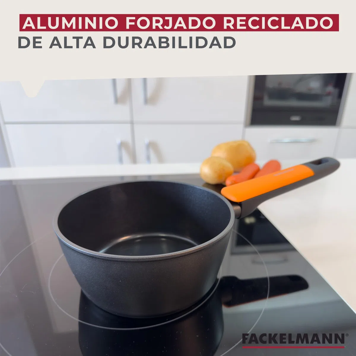 Fackelmann Soft Cazo Antiadherente 16 cm, Aluminio Forjado, Revestimiento Cerámico Greblon Libre de PFA, Apta para Inducción, Vitro, Gas y Horno, Mango Soft Touch Resistente al Calor, 1 ud.