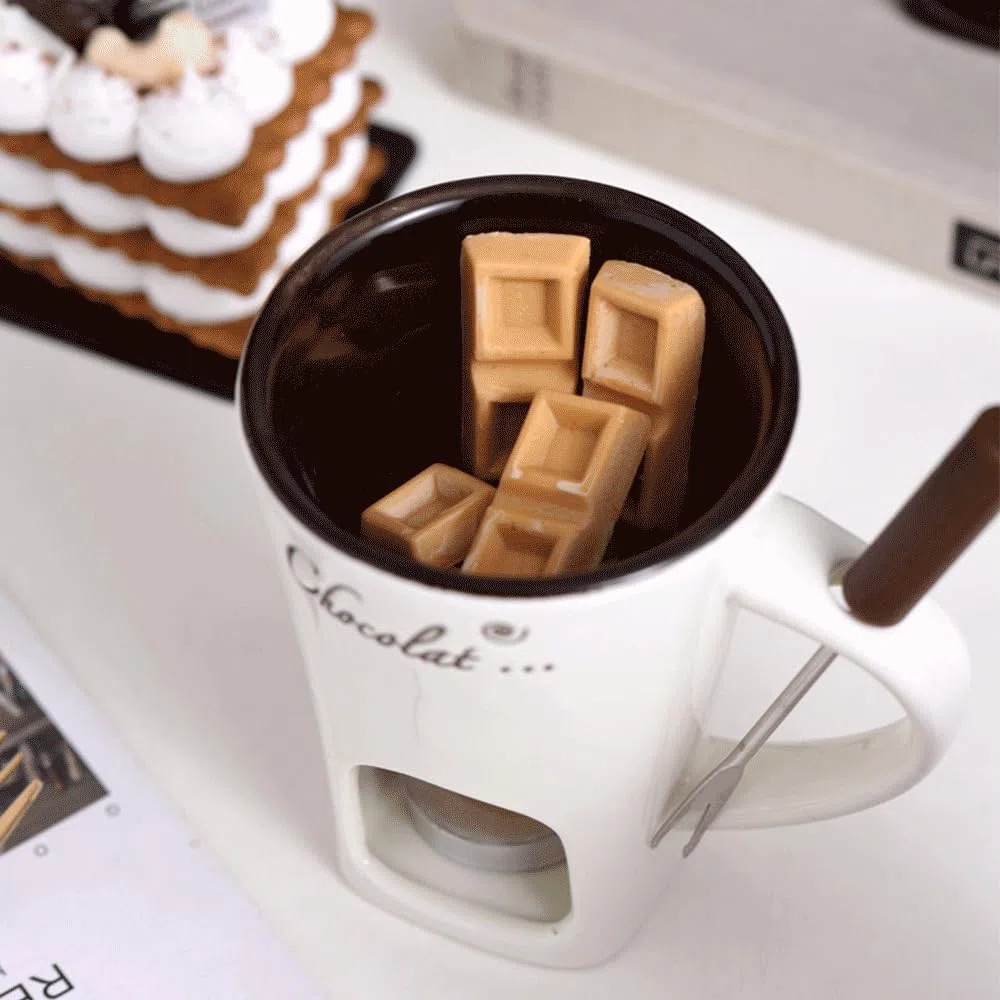 Genérico Fondue de Chocolate, 130ML Taza para Fondue, Taza para derretir Chocolate con Tenedor, Taza para Calentar Fondue para Fiestas de Dulces y bocadillos (Blanco)