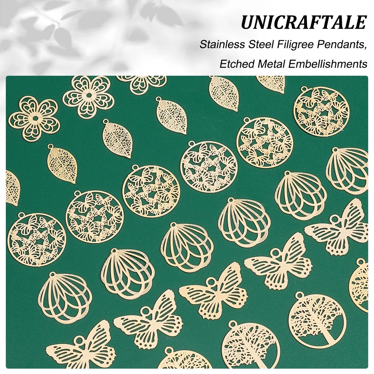 UNICRAFTALE 36 colgante de Filigrana de Acero Inoxidable con 6 estilos de Oro Y Diseño Botánico Adornos de Metal Grabado Flor Mariposa Hoja Plano Redondo Hueco para Hacer Joyas