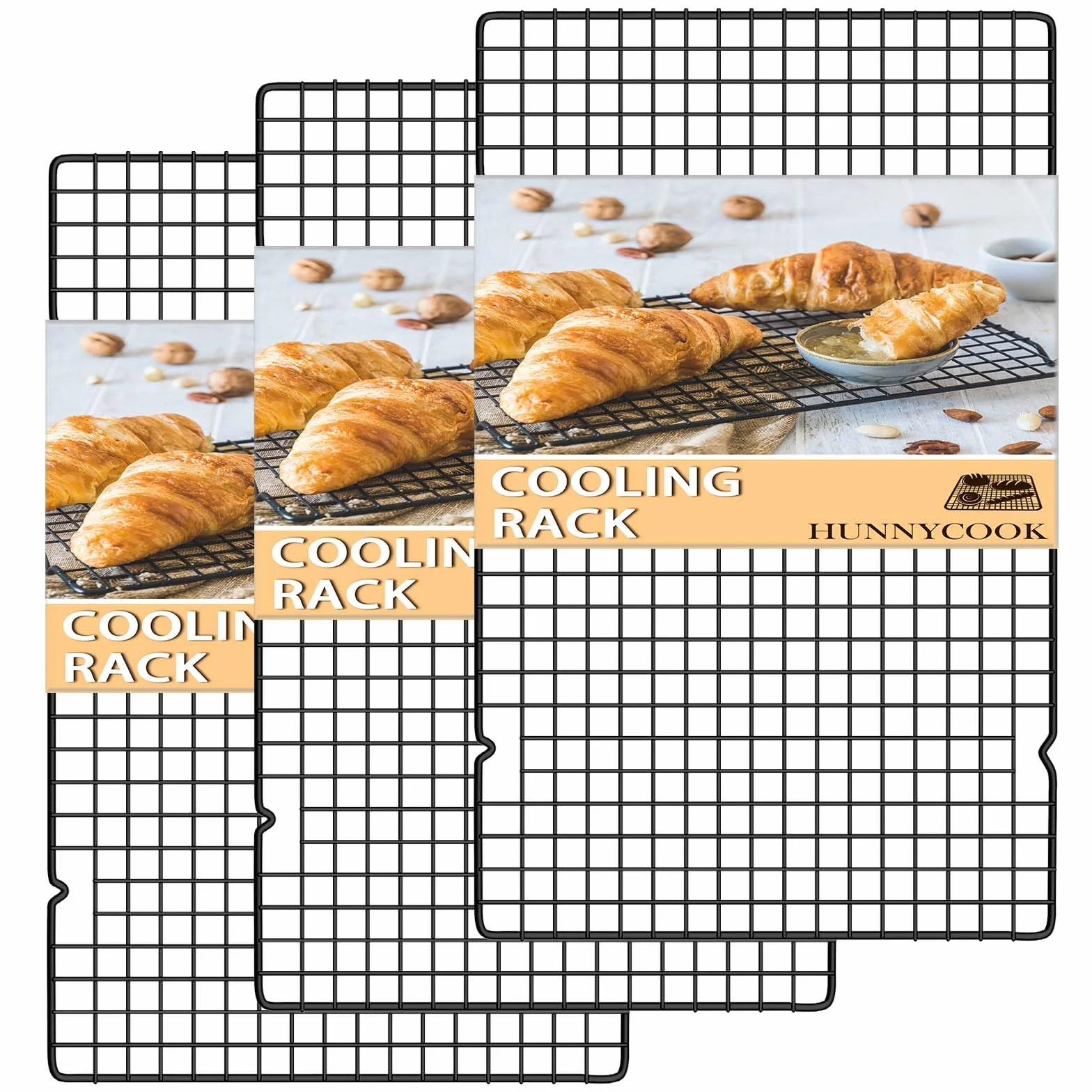 hunnycook Juego de 3 rejillas de enfriamiento rectangulares para tartas, de acero inoxidable, 15,8 x 9,8 pulgadas, color negro, reutilizables, para hornear, asar y secar, saludable y resistente, apto