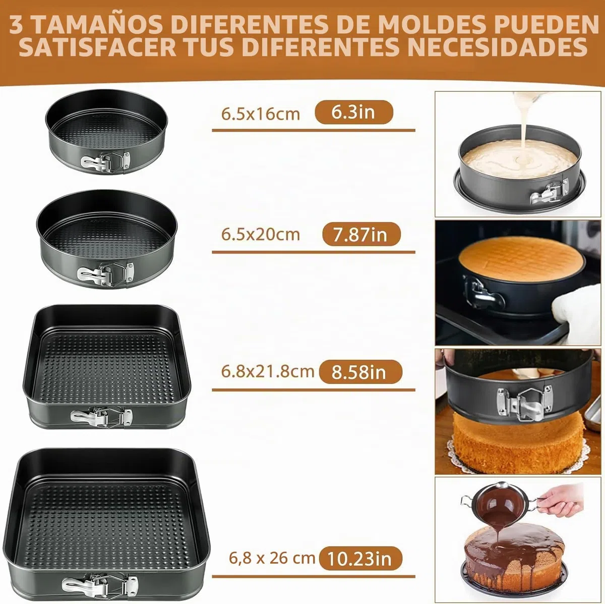 4 Piezas Moldes Reposteria, Desmontable de Molde Bizcocho 16/20cm redondos y 22/26cm cuadrados, Molde Tarta con Revestimiento Antiadherente para Cumpleaños/Bodas/Hogar