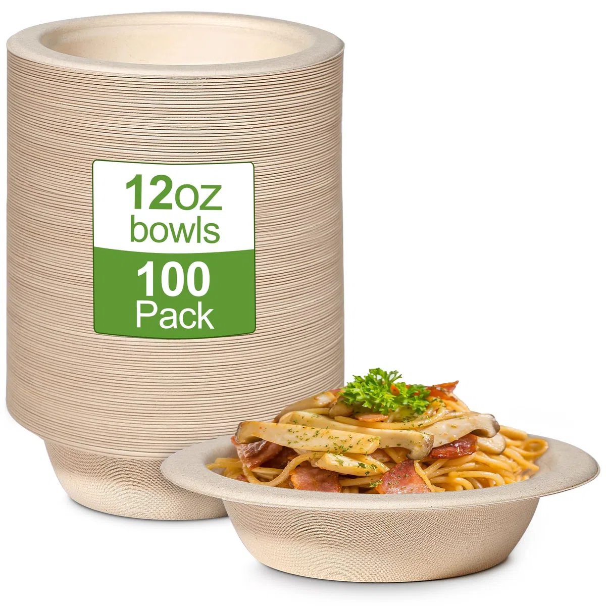 100 cuencos de cartón desechables, 350 ml, cuencos desechables desechables de caña de azúcar, cuenco redondo marrón compostable