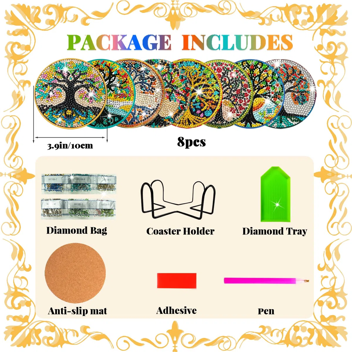 Posavasos de Arbol de la Vida Pintura de Diamantes,8 Piezas DIY Mandala Arte de Manualidades con Soporte,Posavasos para Bebidas,Café y Té de Bar,Kits de Principiantes Adultos Niños