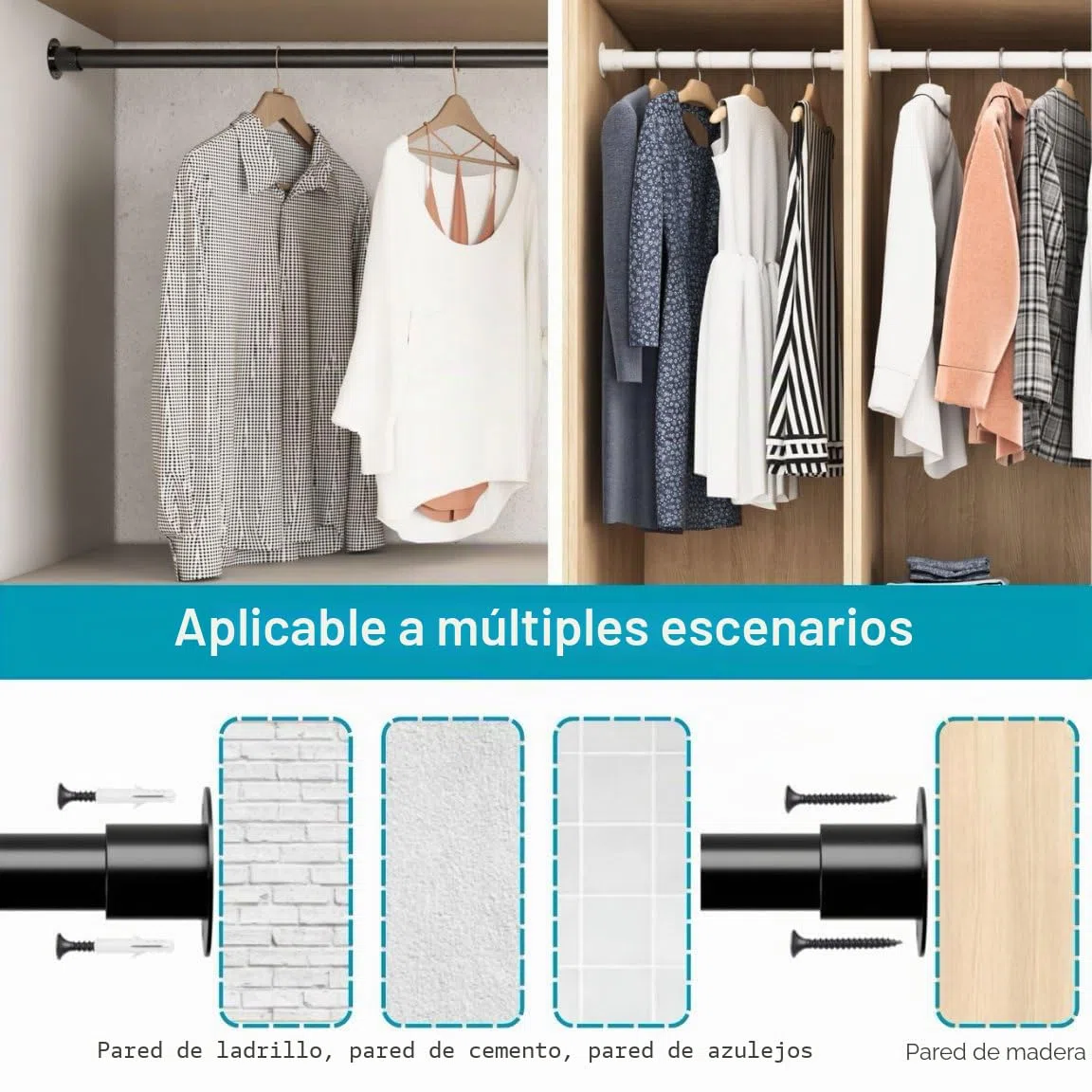 Riel de armario extensible para colgar en la pared, para ropa, dormitorio, ventanas y duchas, 45-66 cm de diámetro, 25 mm, color blanco